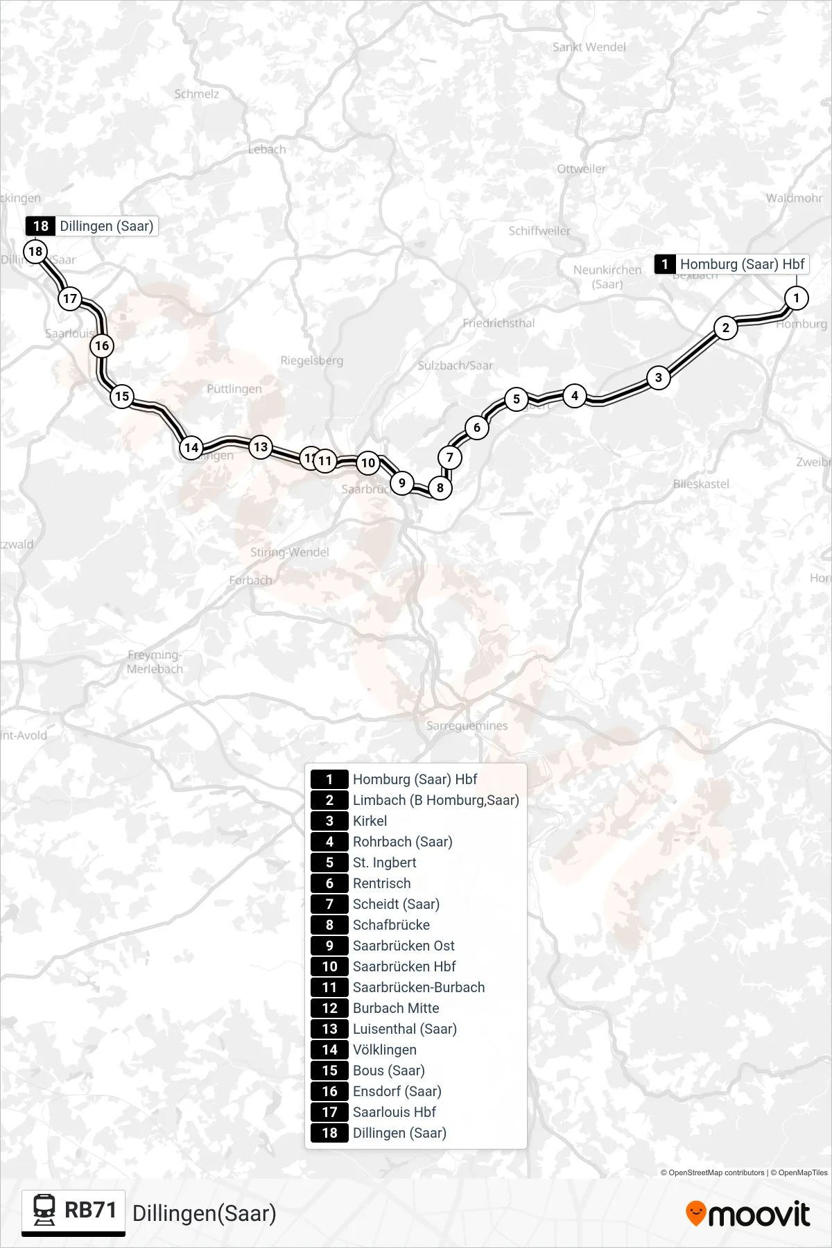 RB71 rail Line (Dillingen(Saar)) route and stops on a map
