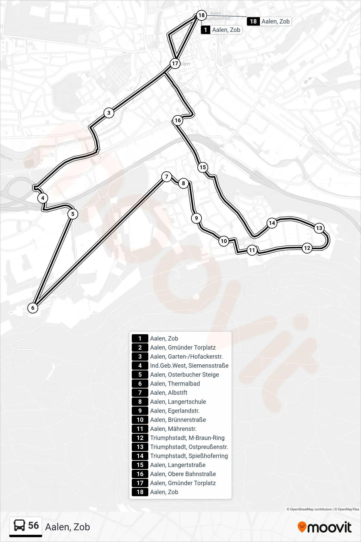 56 bus Line (Aalen, Zob) route and stops on a map