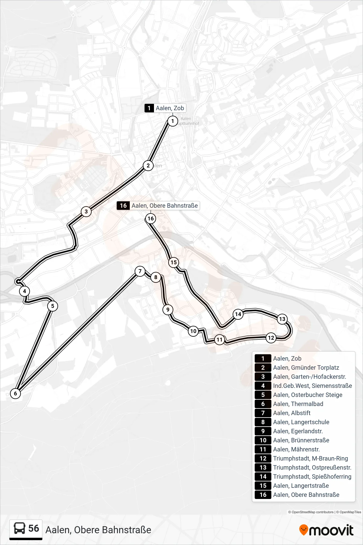 Linie 56 (Bus) Richtung Aalen, Obere Bahnstraße: Route und Haltestellen auf der Karte
