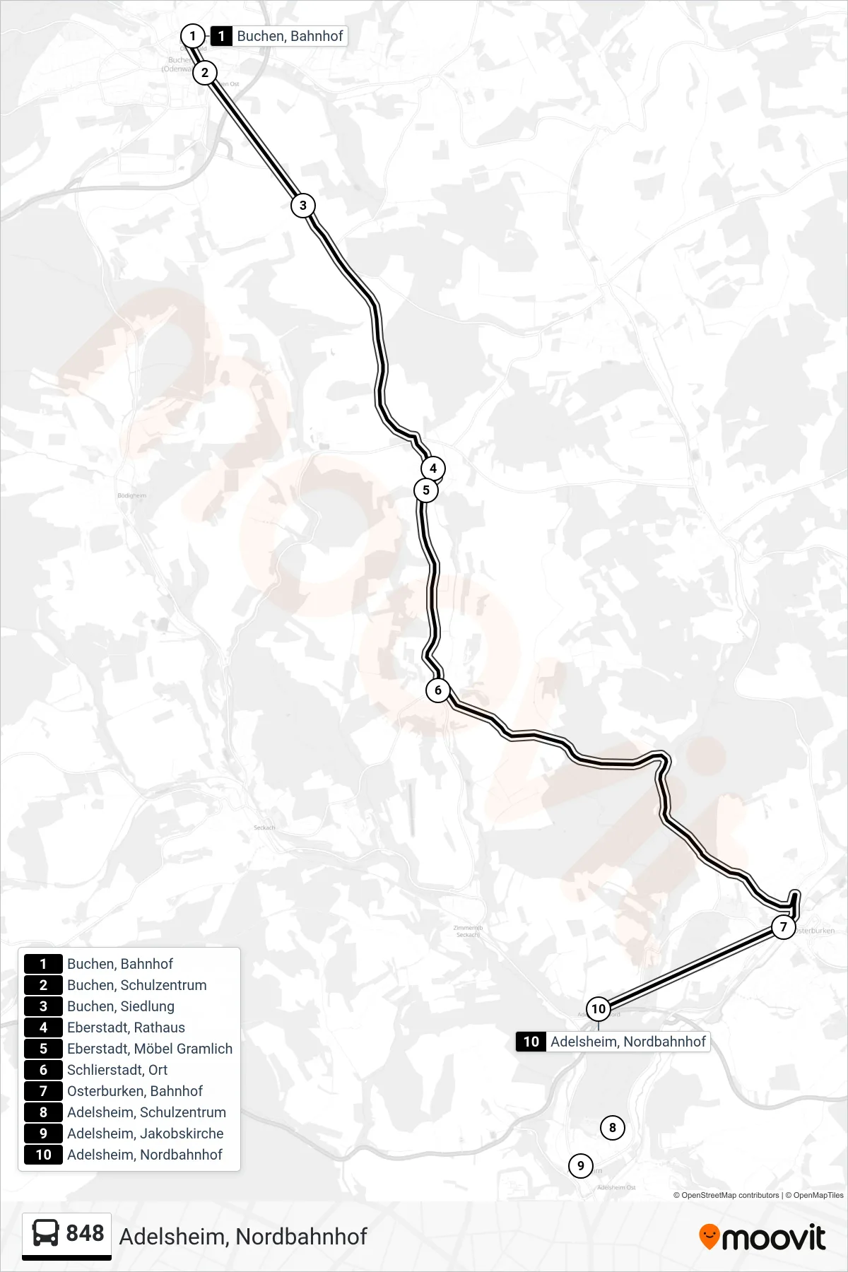Linie 848 (Bus) Richtung Adelsheim, Nordbahnhof: Route und Haltestellen auf der Karte