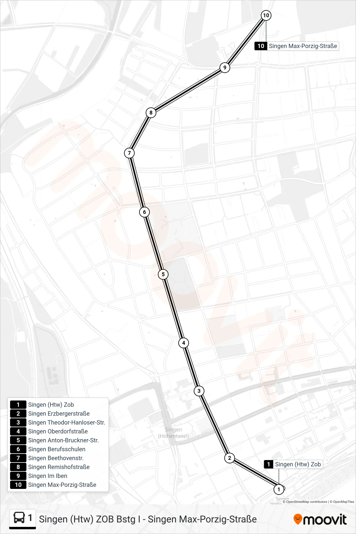 Linie 1 (Bus) Richtung Singen Max-Porzig-Straße: Route und Haltestellen auf der Karte
