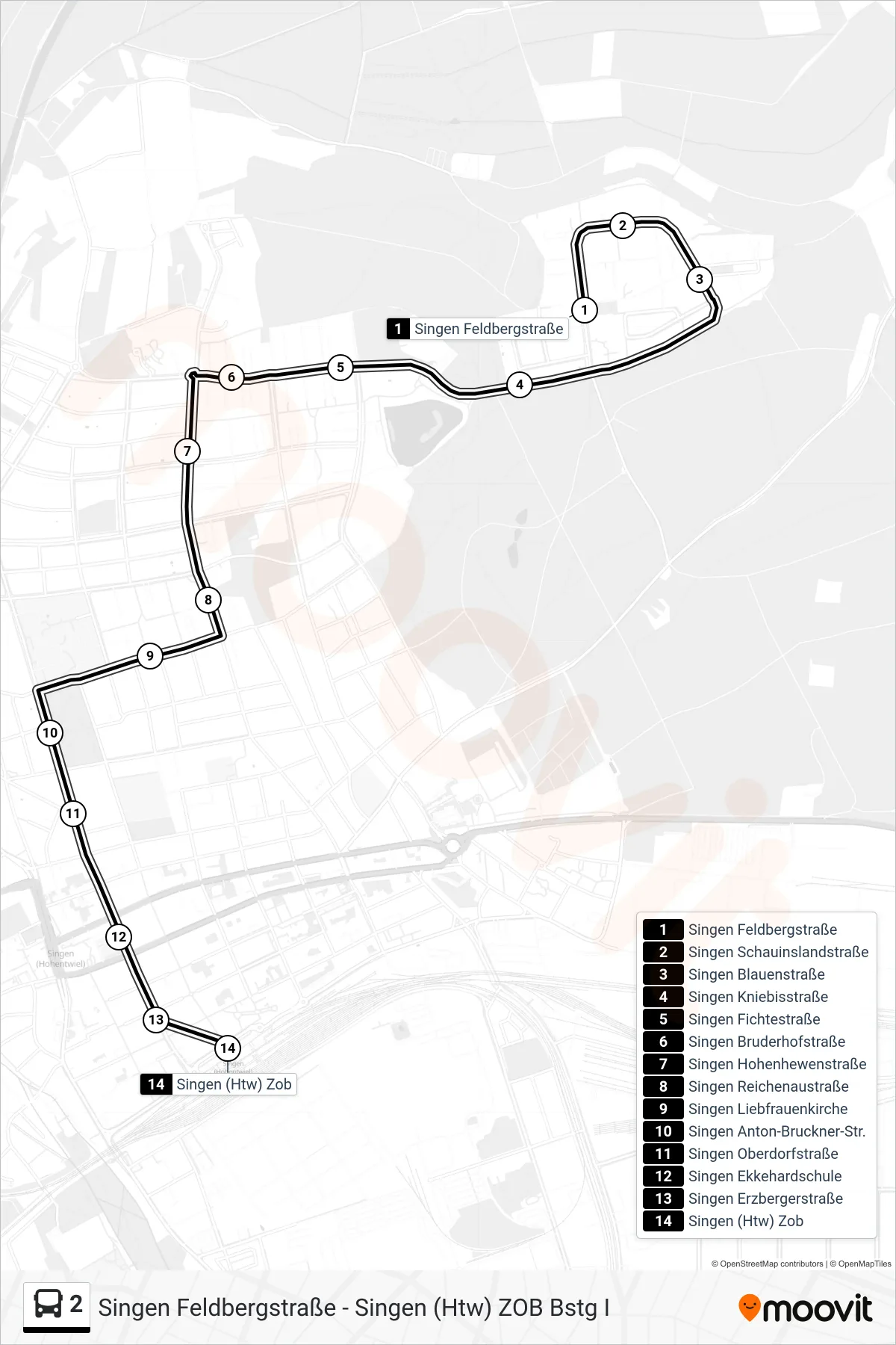 Linie 2 (Bus) Richtung Singen (Htw) Zob: Route und Haltestellen auf der Karte