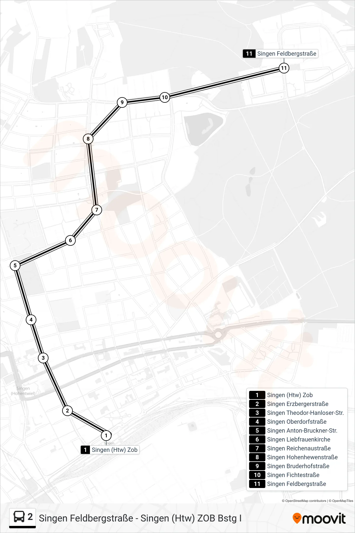 2 bus Line (Singen Feldbergstraße) route and stops on a map