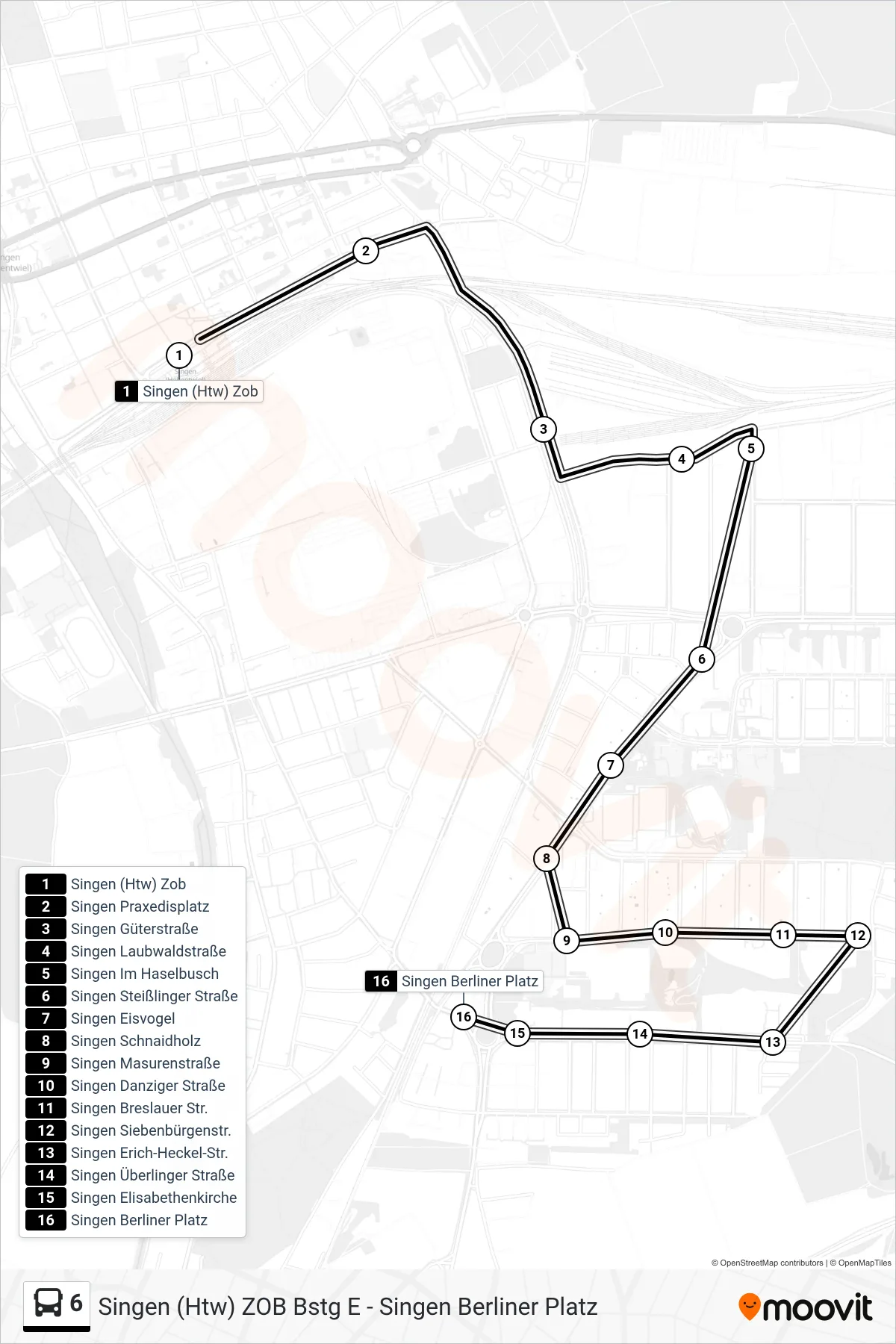 6 bus Line (Singen Berliner Platz) route and stops on a map