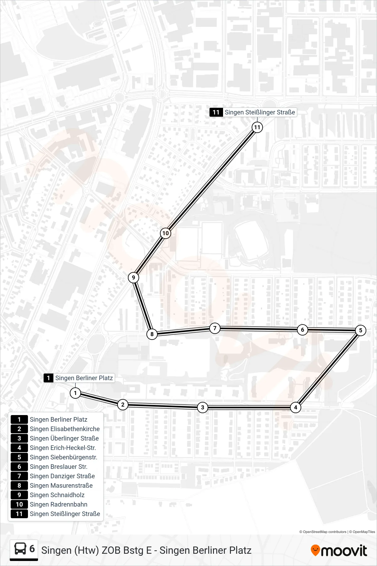 Linie 6 (Bus) Richtung Singen Steißlinger Straße: Route und Haltestellen auf der Karte