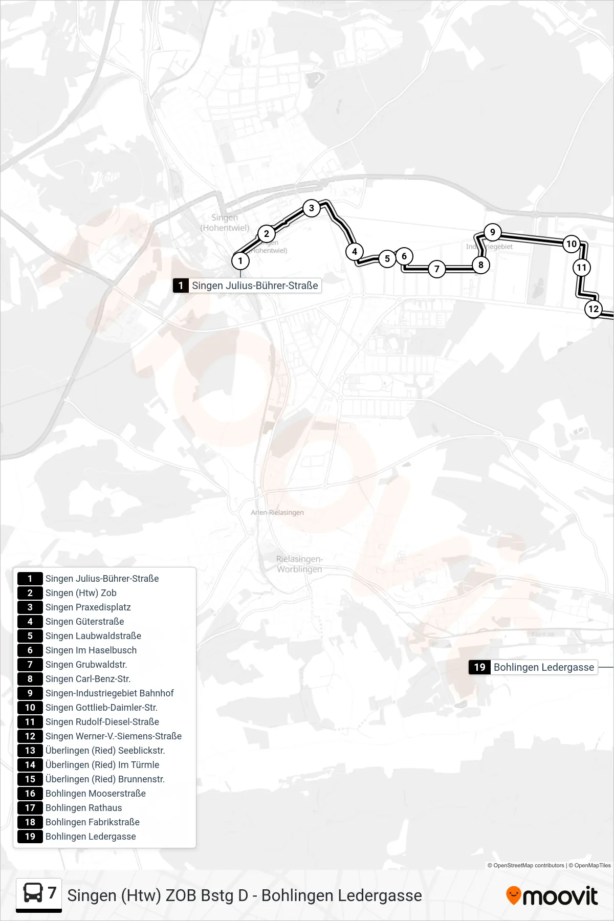 7 bus Line (Bohlingen Ledergasse) route and stops on a map