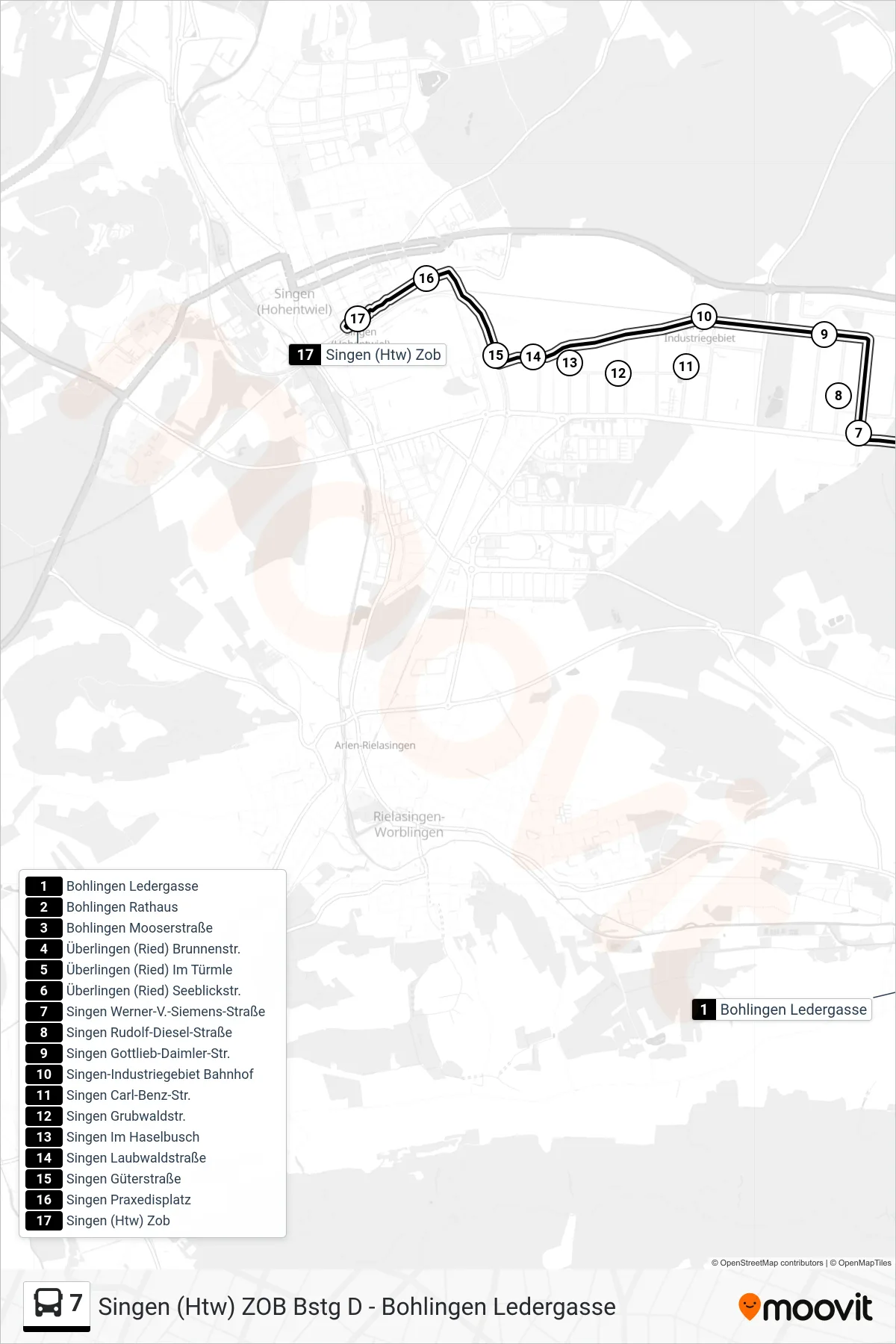 7 bus Line (Singen (Htw) Zob) route and stops on a map