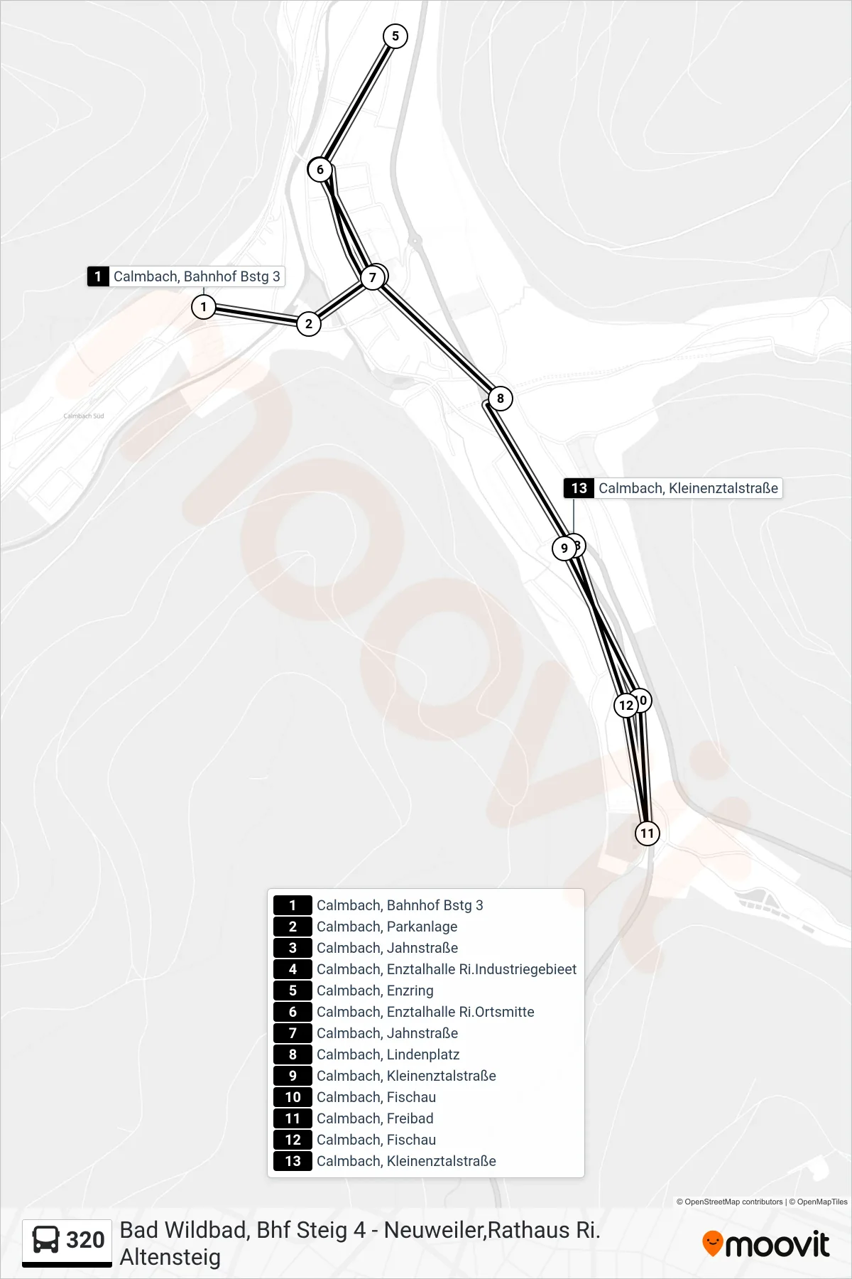 320 bus Line (Calmbach, Kleinenztalstraße) route and stops on a map