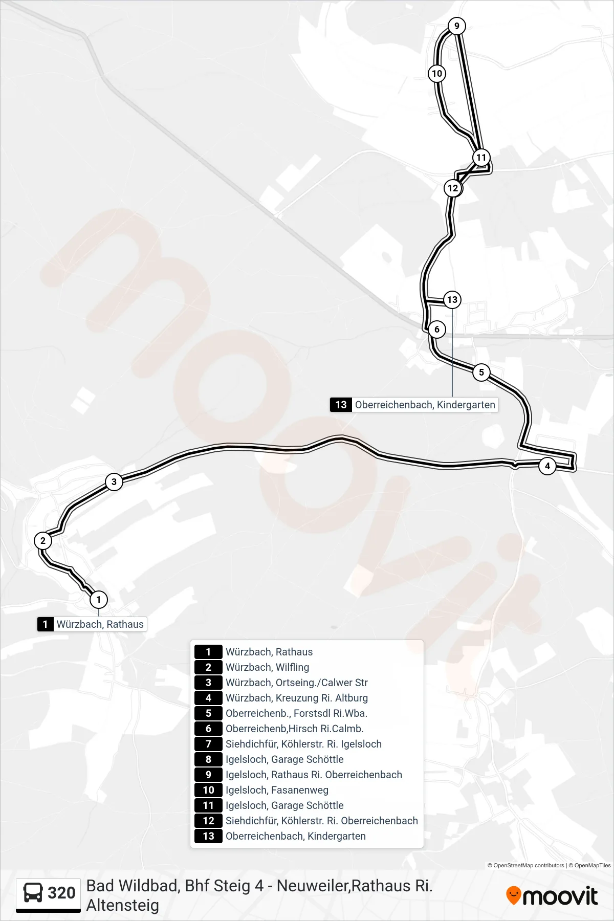 320 bus Line (Oberreichenbach, Kindergarten) route and stops on a map