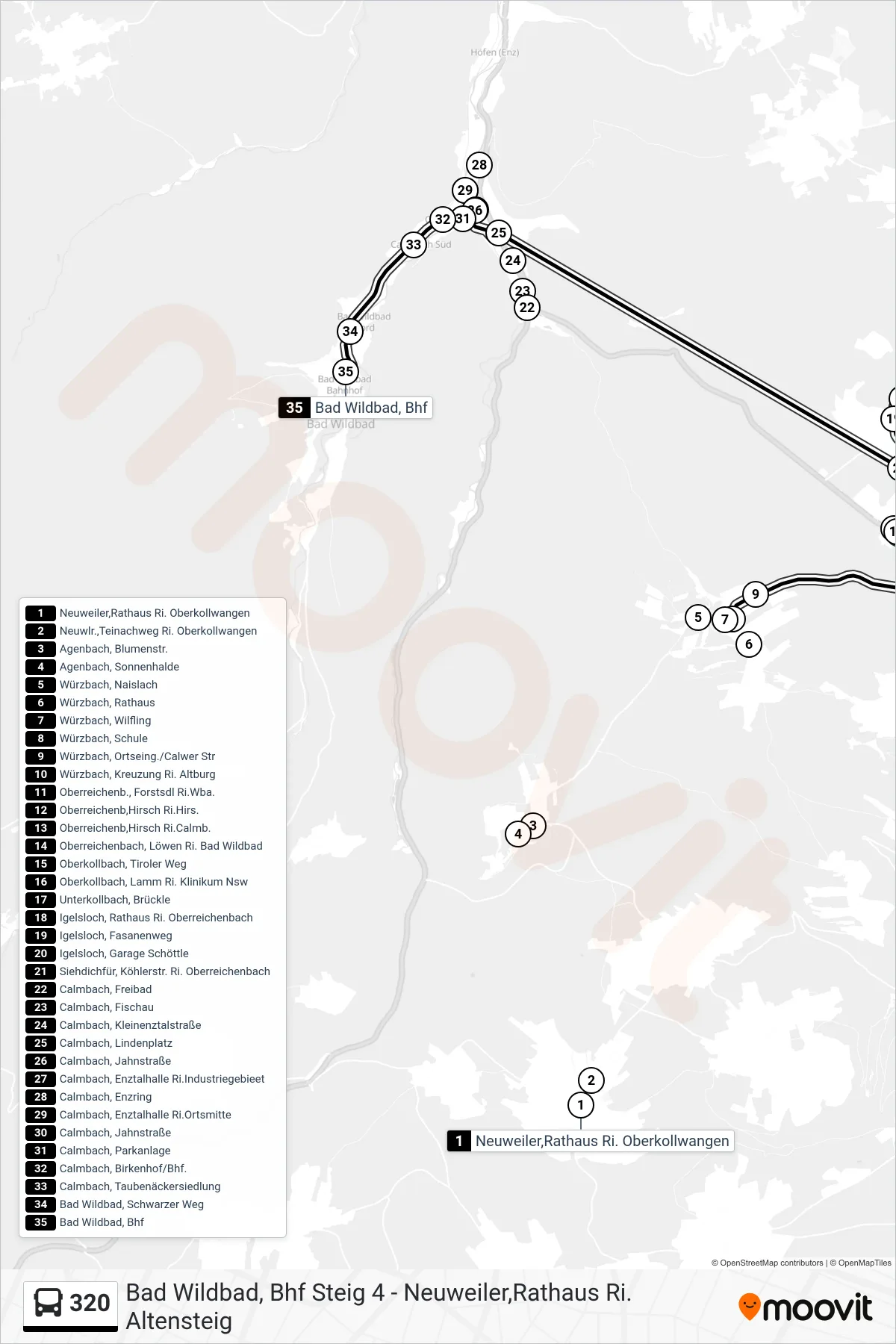 320 bus Line (Bad Wildbad, Bhf) route and stops on a map