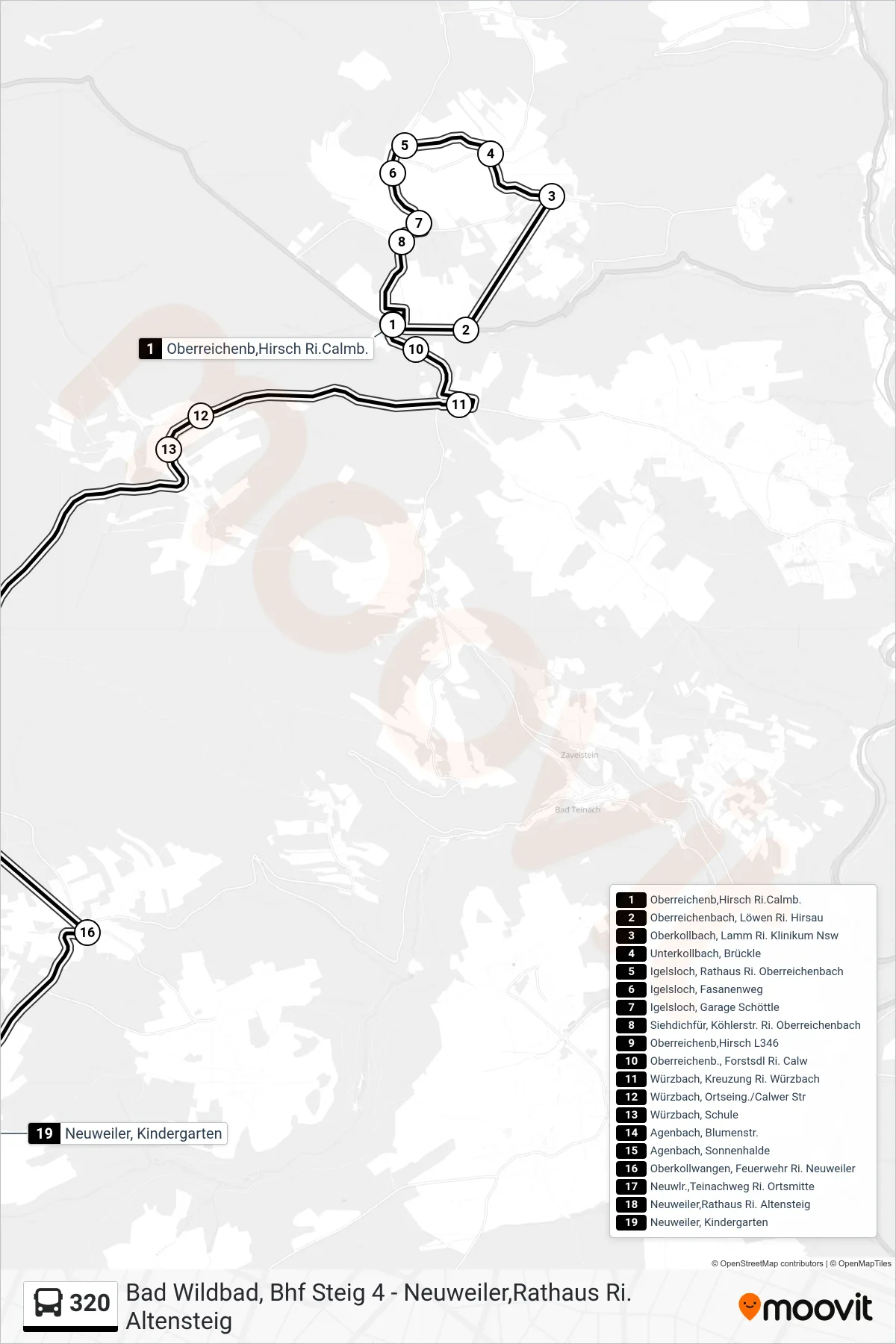 320 bus Line (Neuweiler, Kindergarten) route and stops on a map