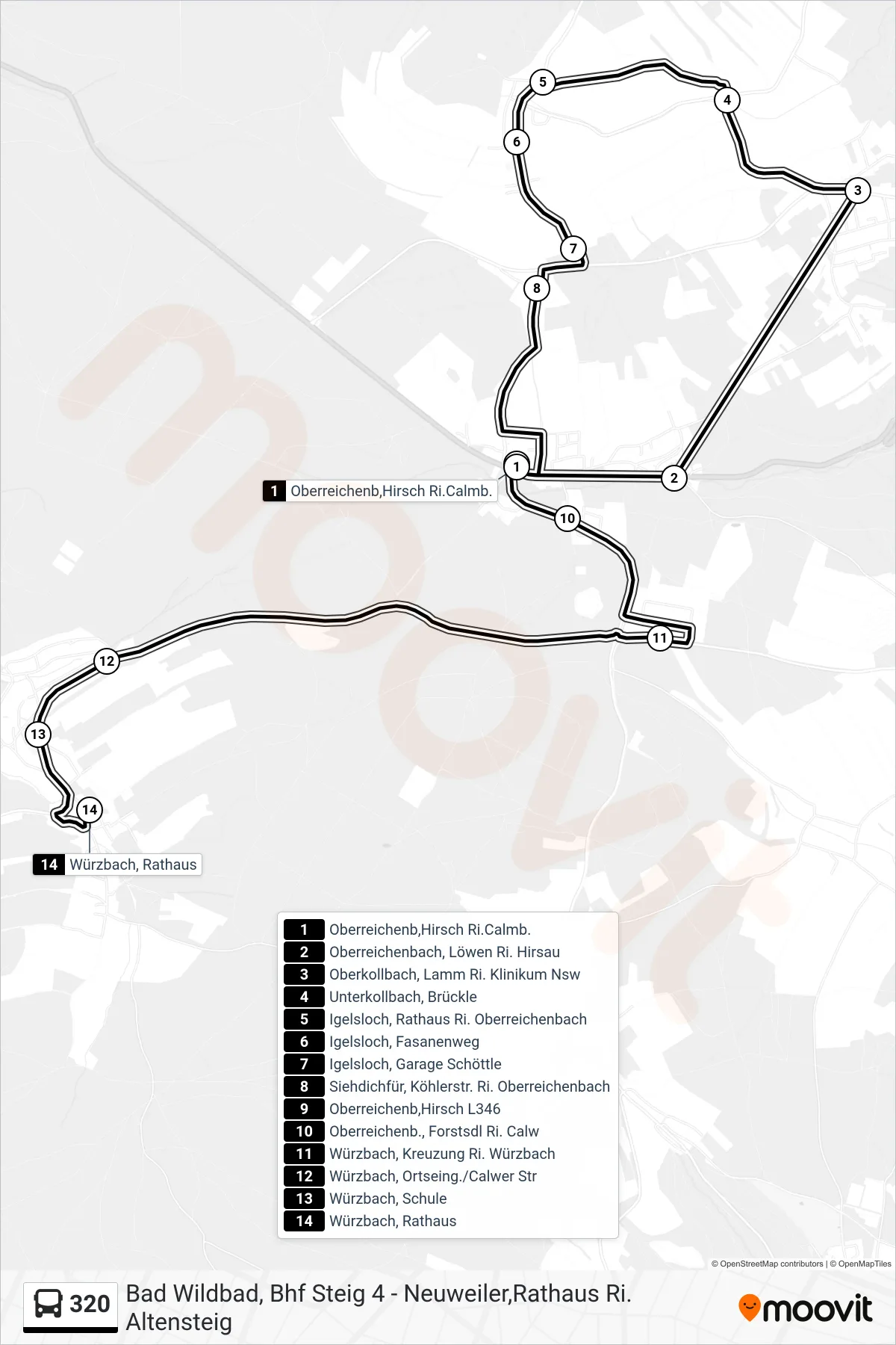 320 bus Line (Würzbach, Rathaus) route and stops on a map