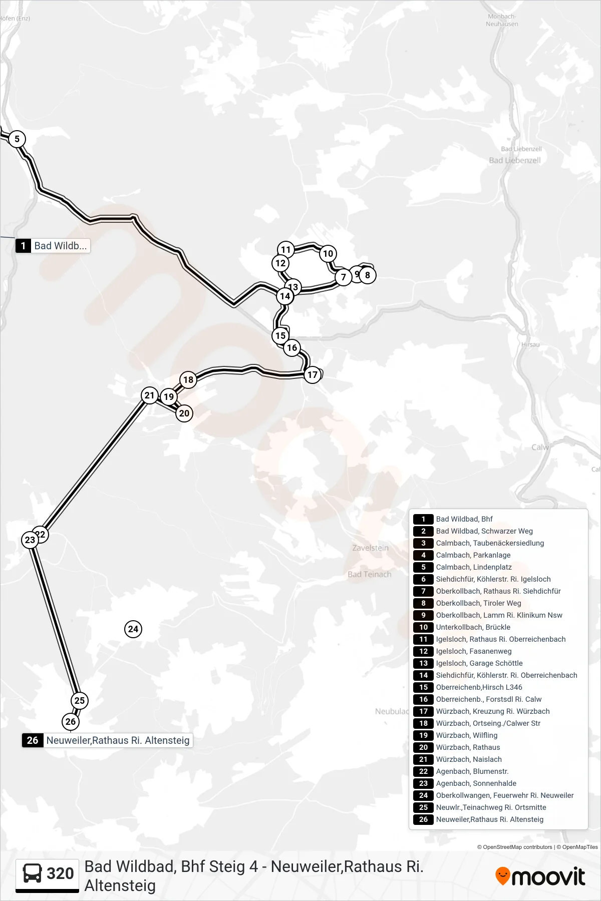 320 bus Line (Neuweiler,Rathaus) route and stops on a map
