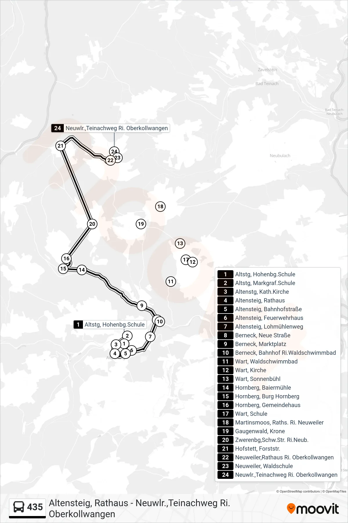 435 bus Line (Neuwlr.,Teinachweg) route and stops on a map