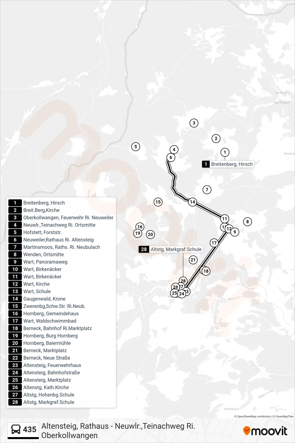 435 bus Line (Altstg, Markgraf.Schule) route and stops on a map