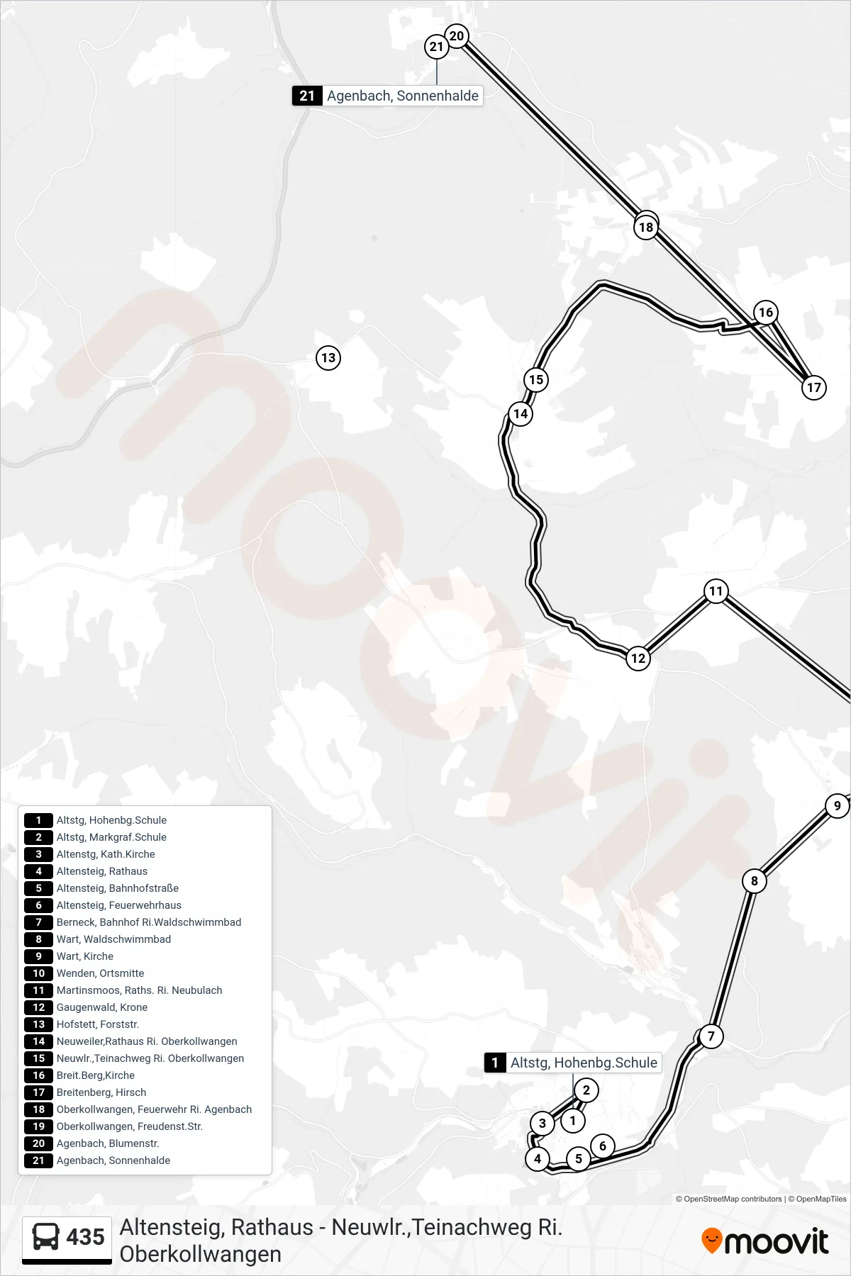435 bus Line (Agenbach, Sonnenhalde) route and stops on a map