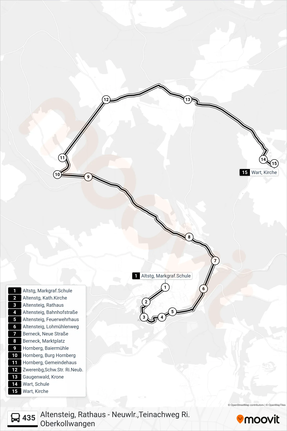 435 bus Line (Wart, Kirche) route and stops on a map