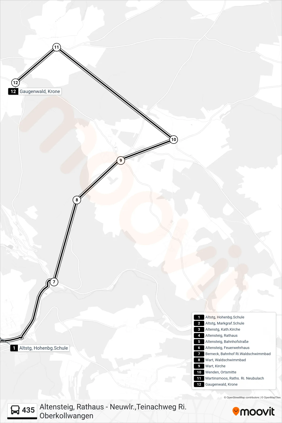 435 bus Line (Gaugenwald, Krone) route and stops on a map