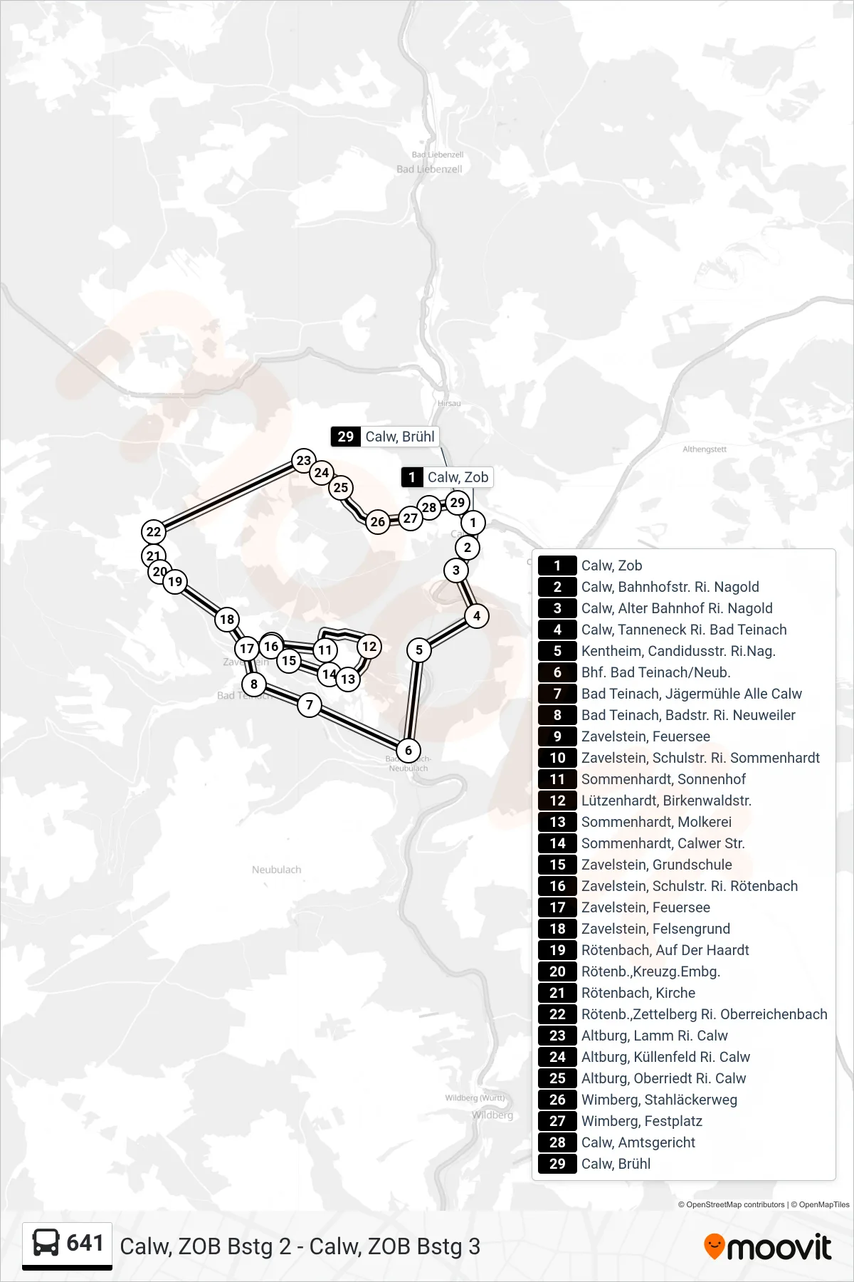641 bus Line (Calw, Zob) route and stops on a map
