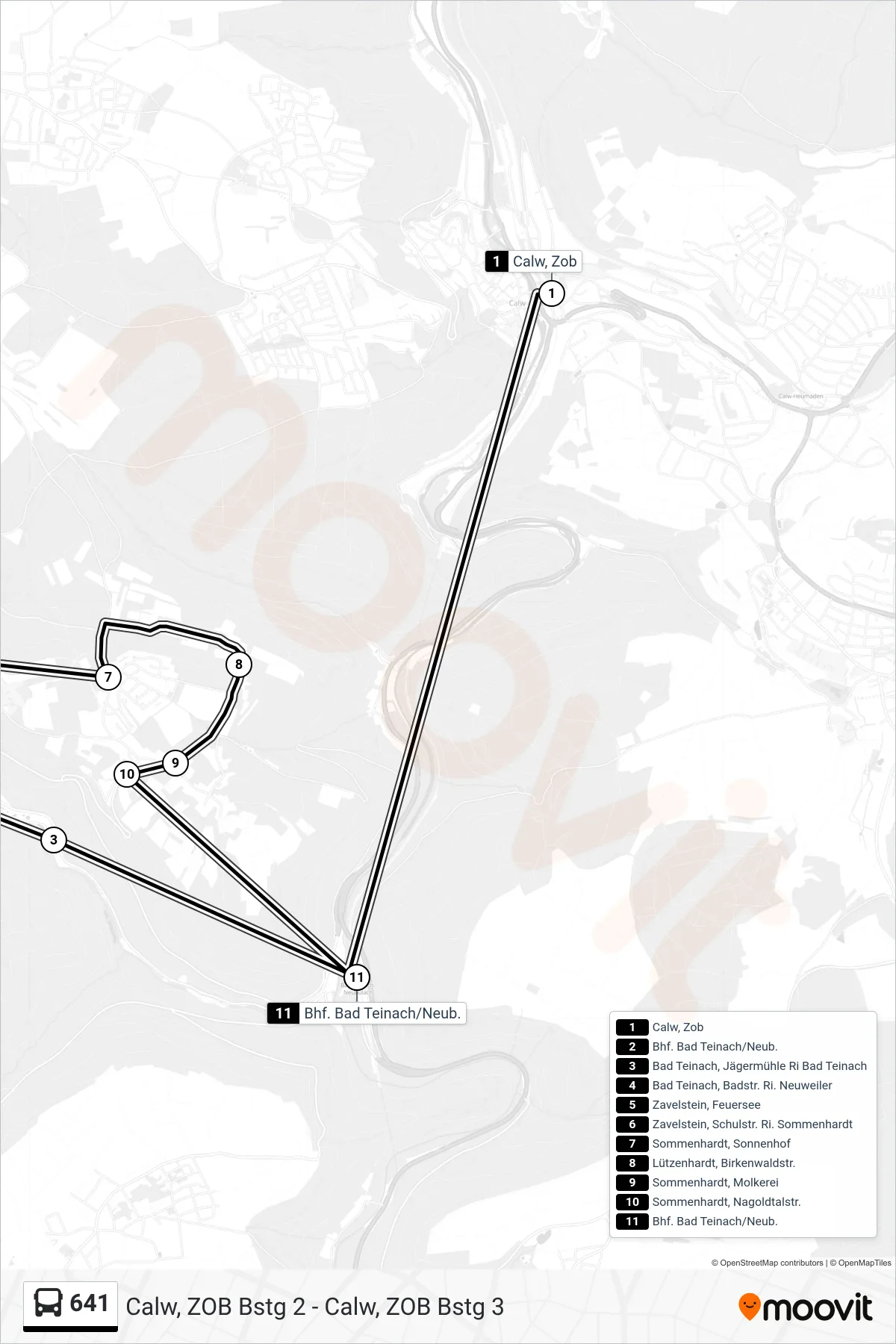 641 bus Line (Bhf. Bad Teinach/Neub.) route and stops on a map