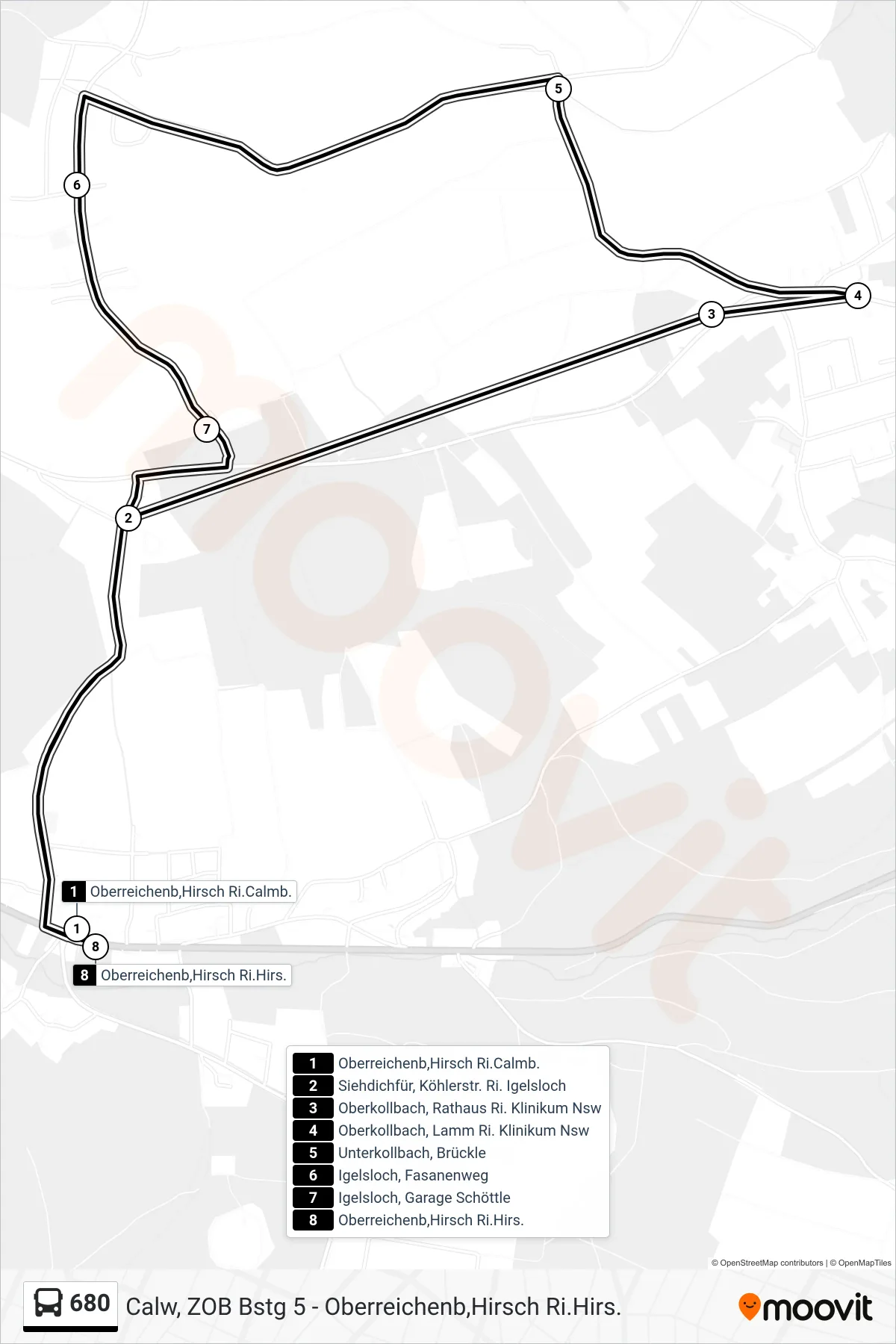 Linie 680 (Bus) Richtung Oberreichenb,Hirsch: Route und Haltestellen auf der Karte