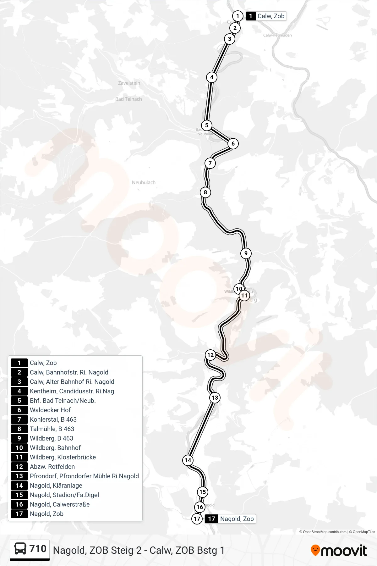 710 bus Line (Nagold, Zob) route and stops on a map
