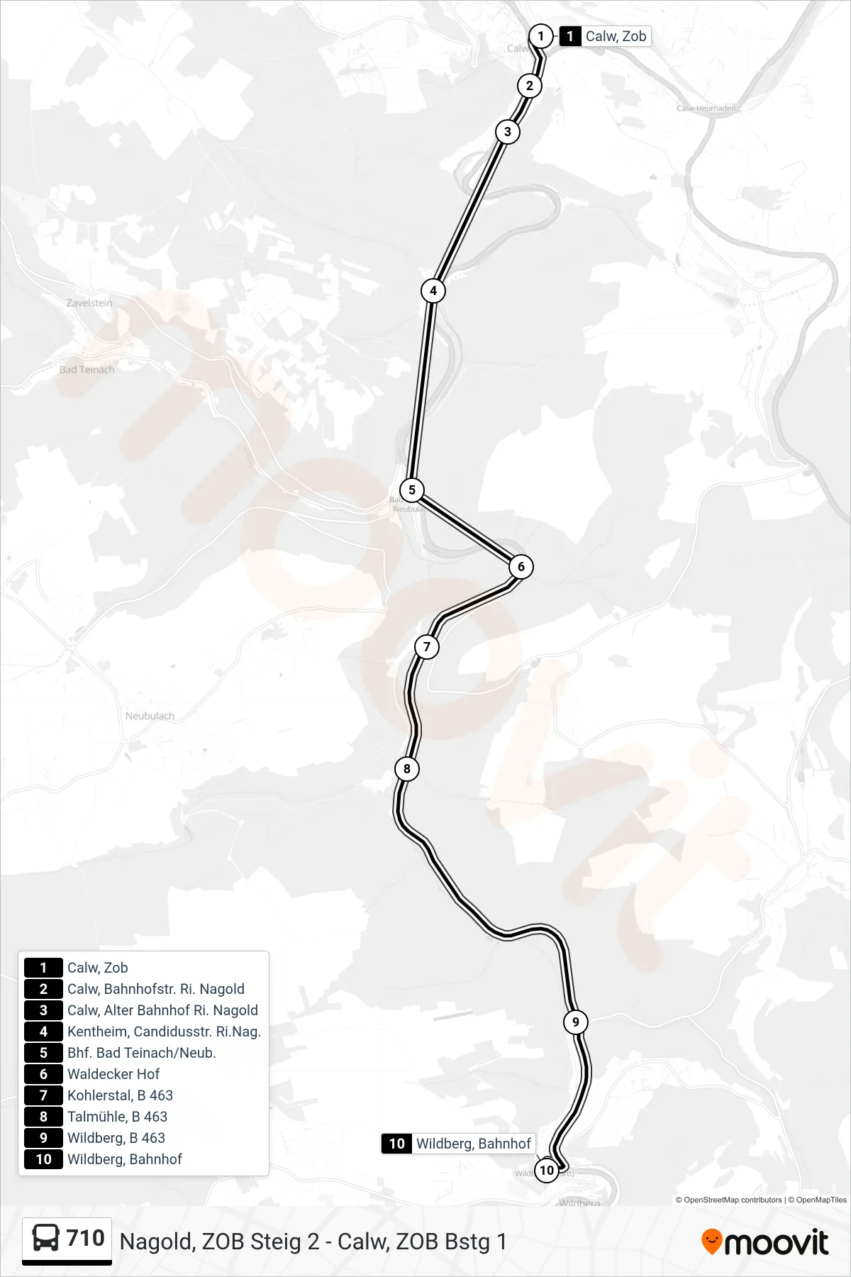Linie 710 (Bus) Richtung Wildberg, Bahnhof: Route und Haltestellen auf der Karte