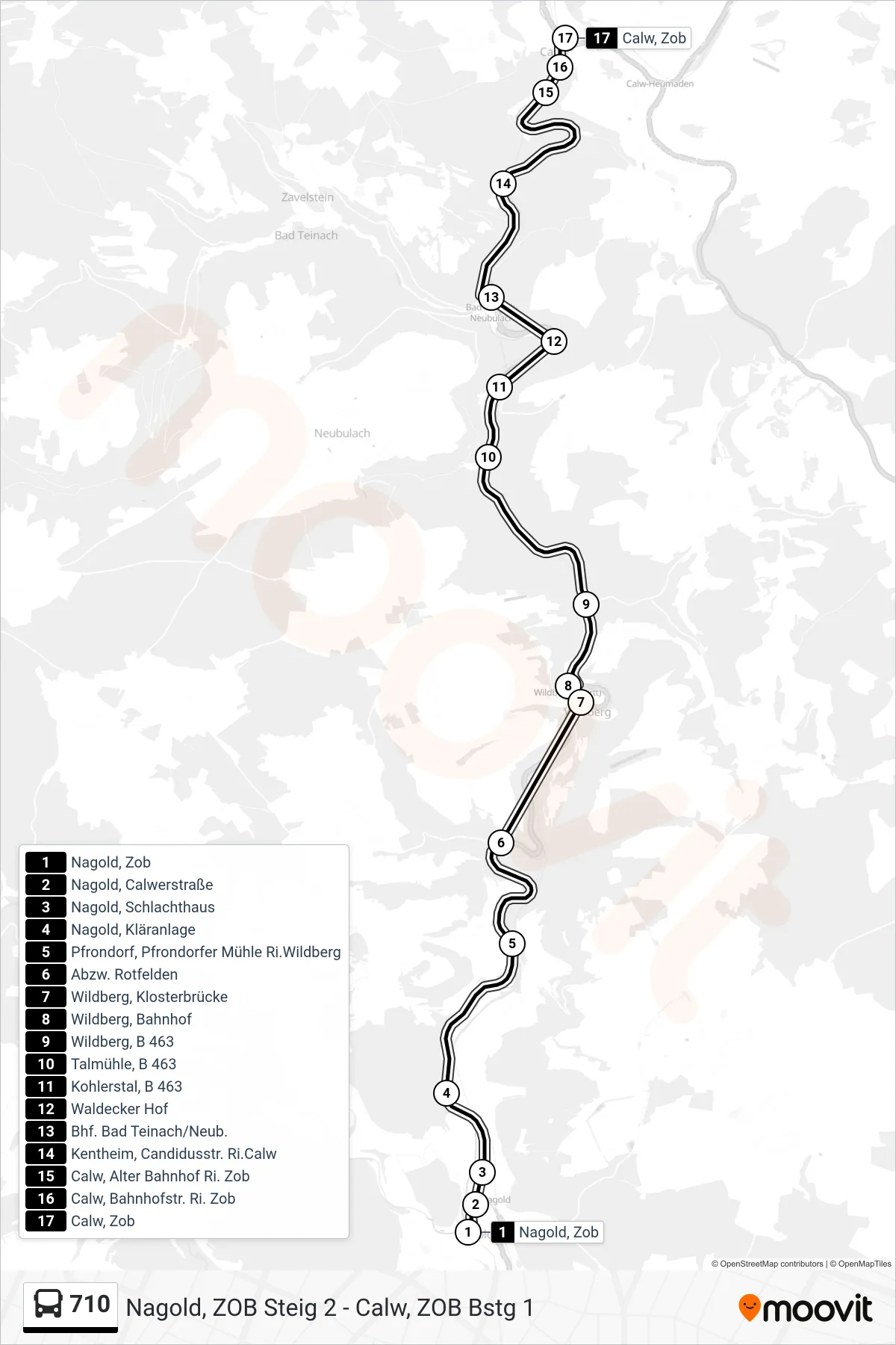 710 bus Line (Calw, Zob) route and stops on a map