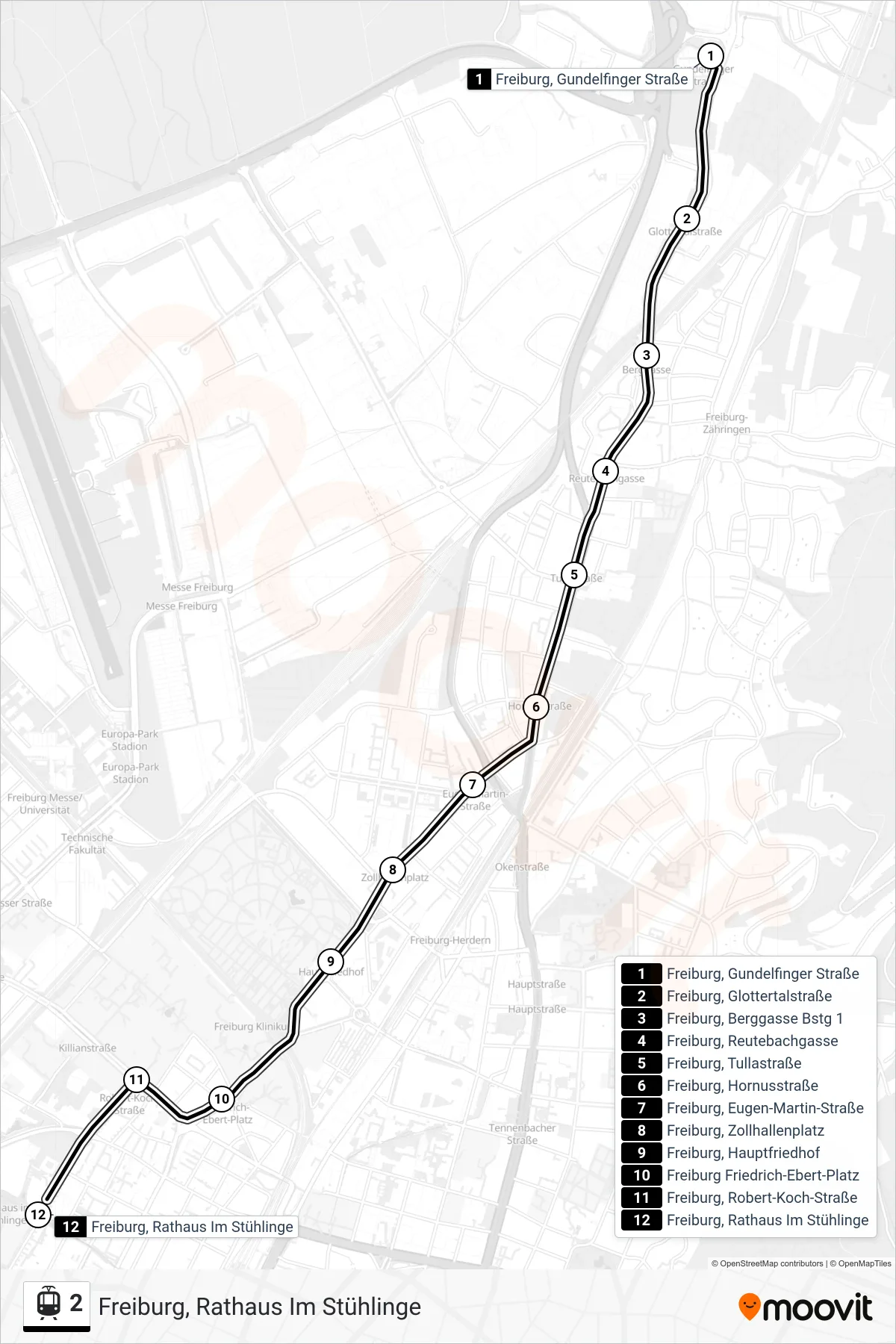 2 light rail Line (Freiburg, Rathaus Im Stühlinge) route and stops on a map