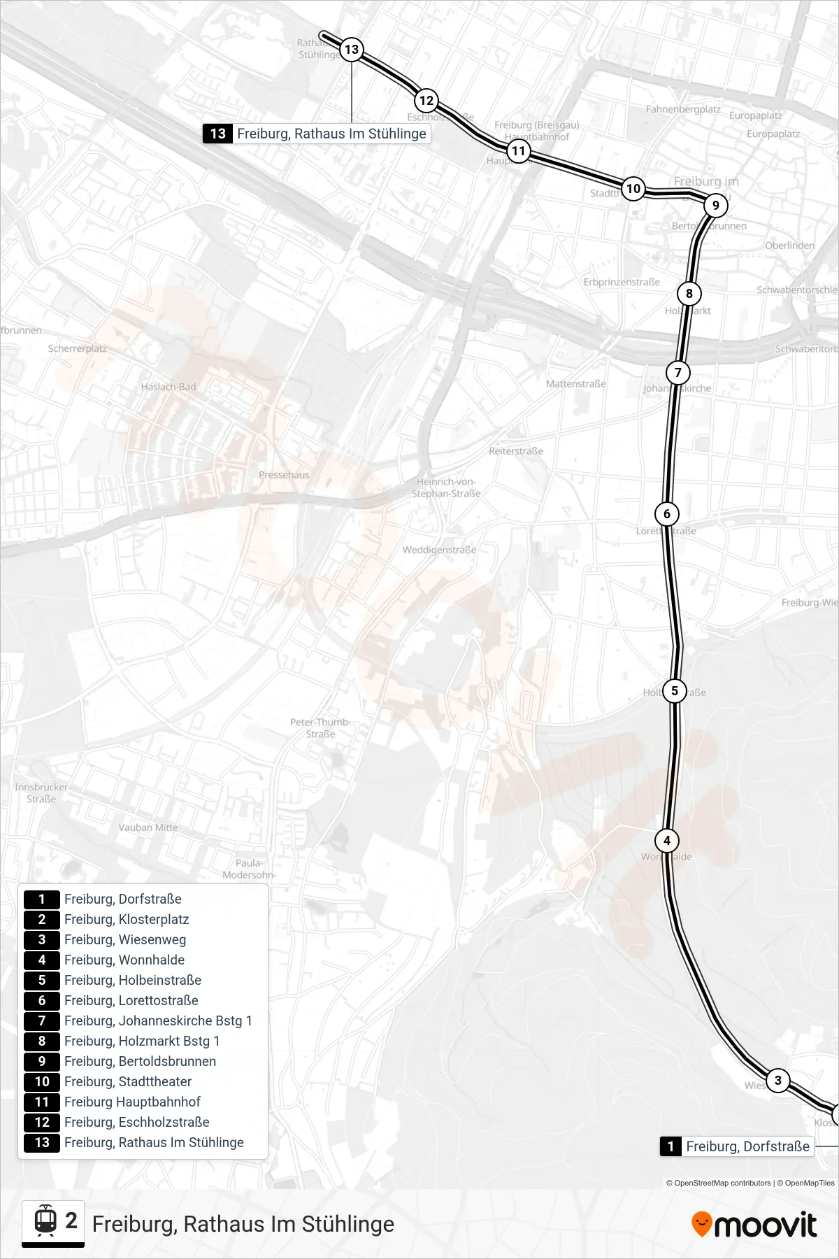 2 light rail Line (Freiburg, Rathaus Im Stühlinge) route and stops on a map