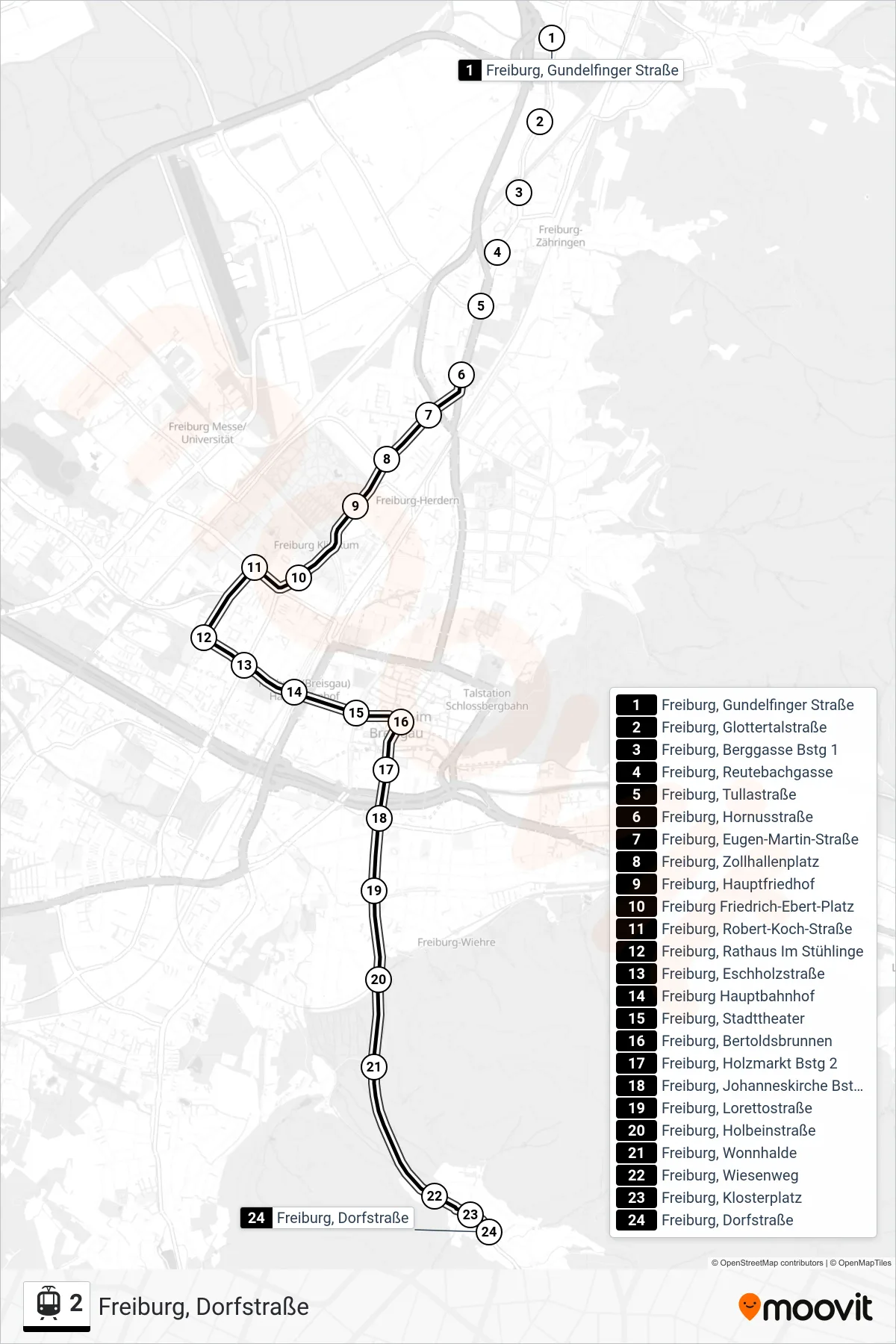 2 light rail Line (Freiburg, Dorfstraße) route and stops on a map