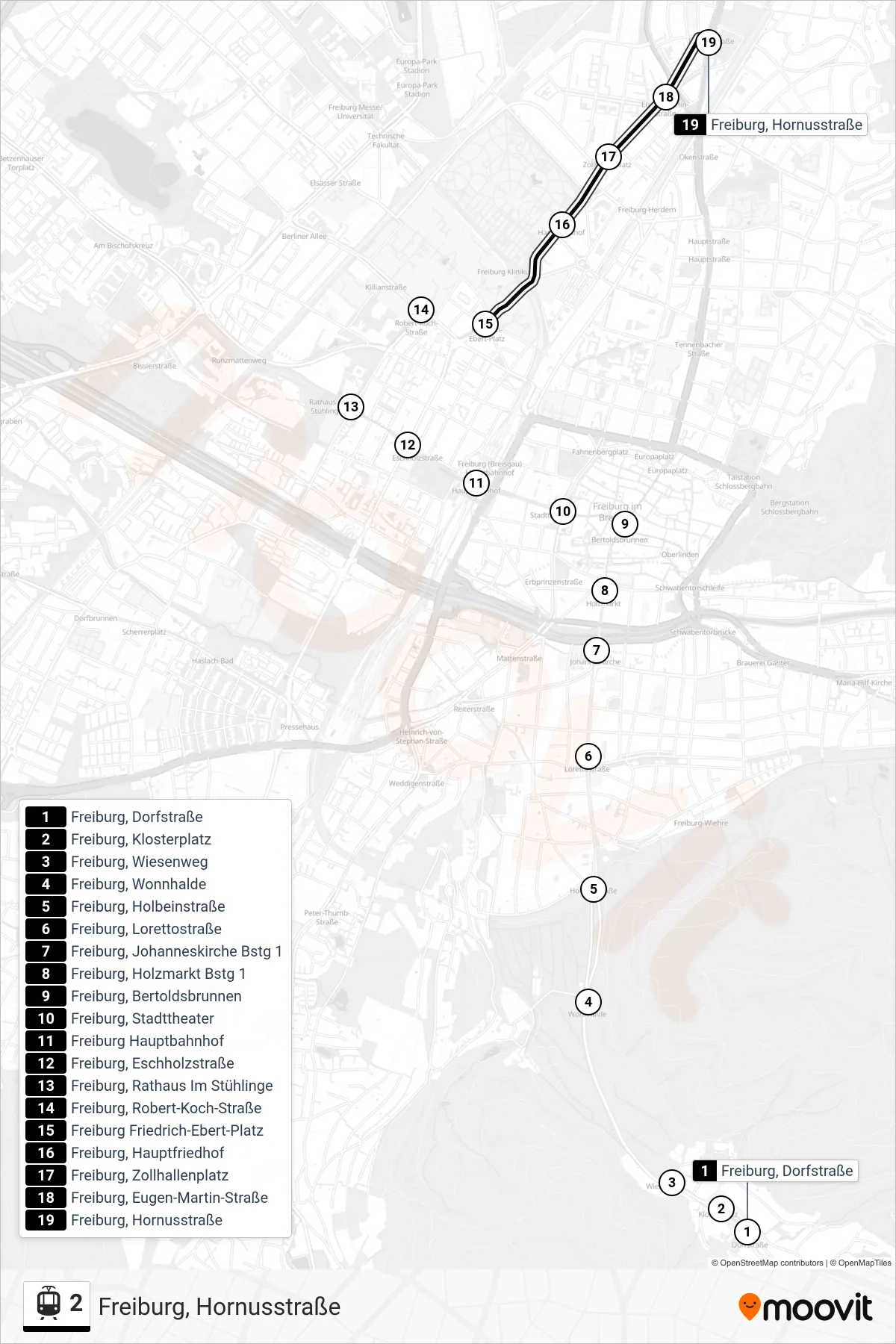 Linie 2 (Straßenbahn) Richtung Freiburg, Hornusstraße: Route und Haltestellen auf der Karte