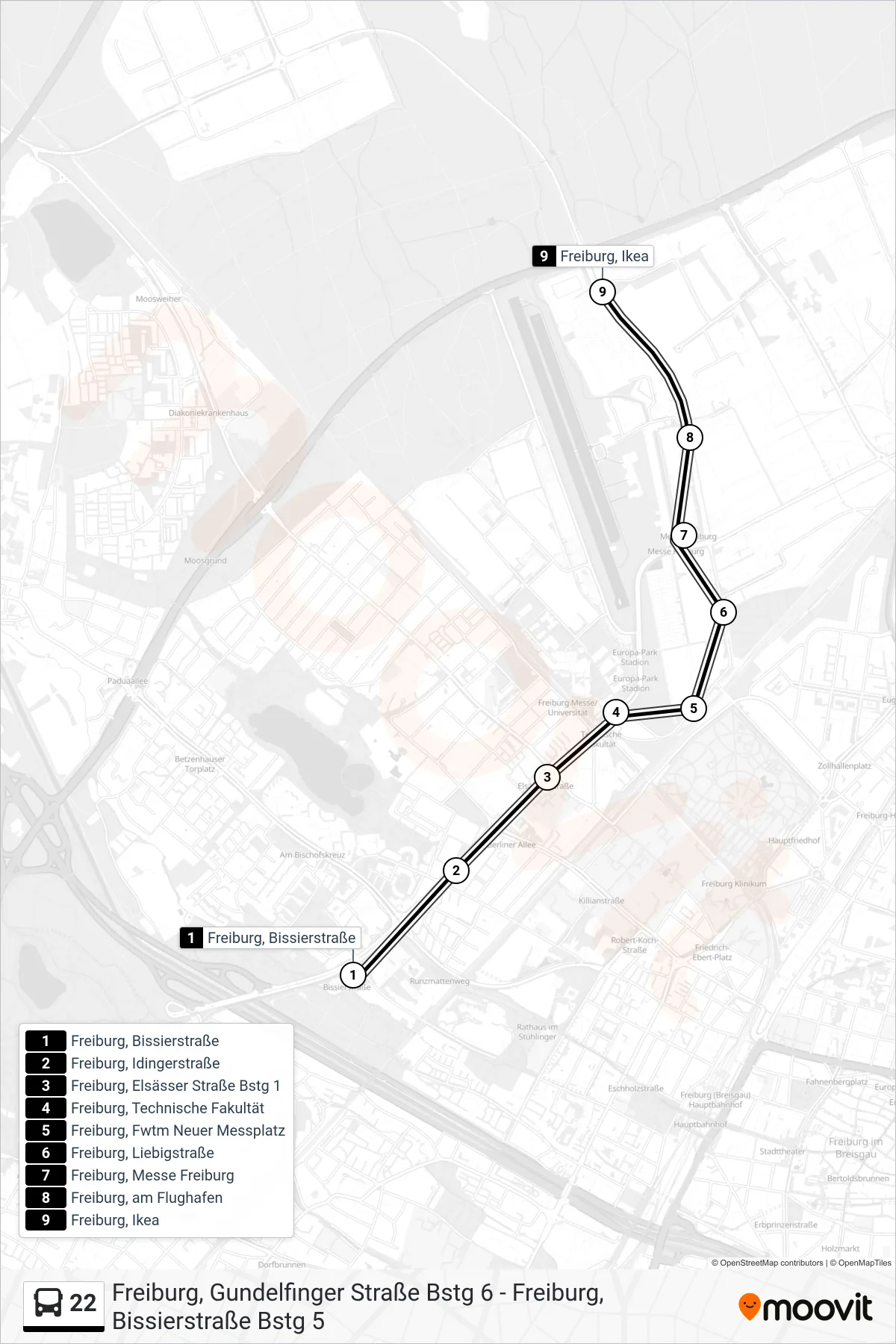 Linie 22 (Bus) Richtung Freiburg, Ikea: Route und Haltestellen auf der Karte