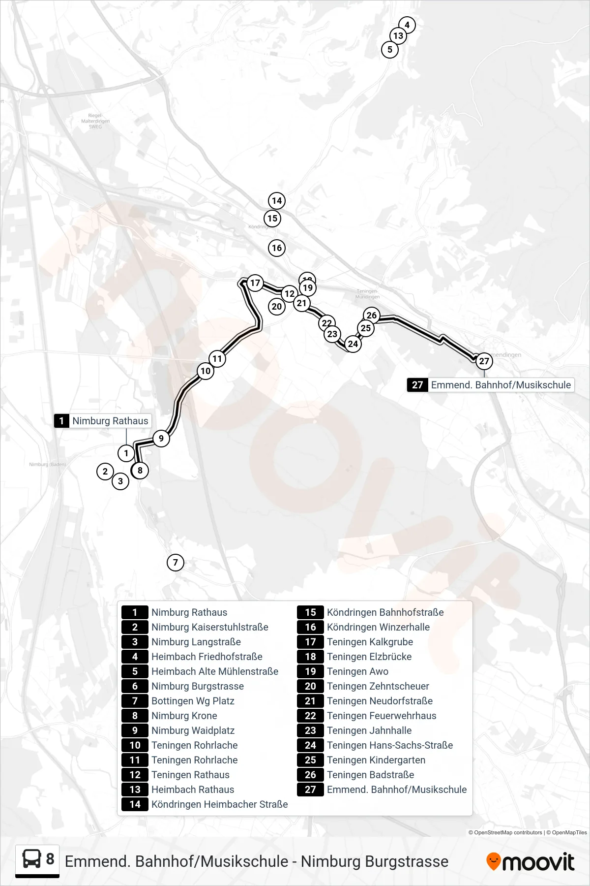 8 tram Line (Emmend. Bahnhof/Musikschule) route and stops on a map