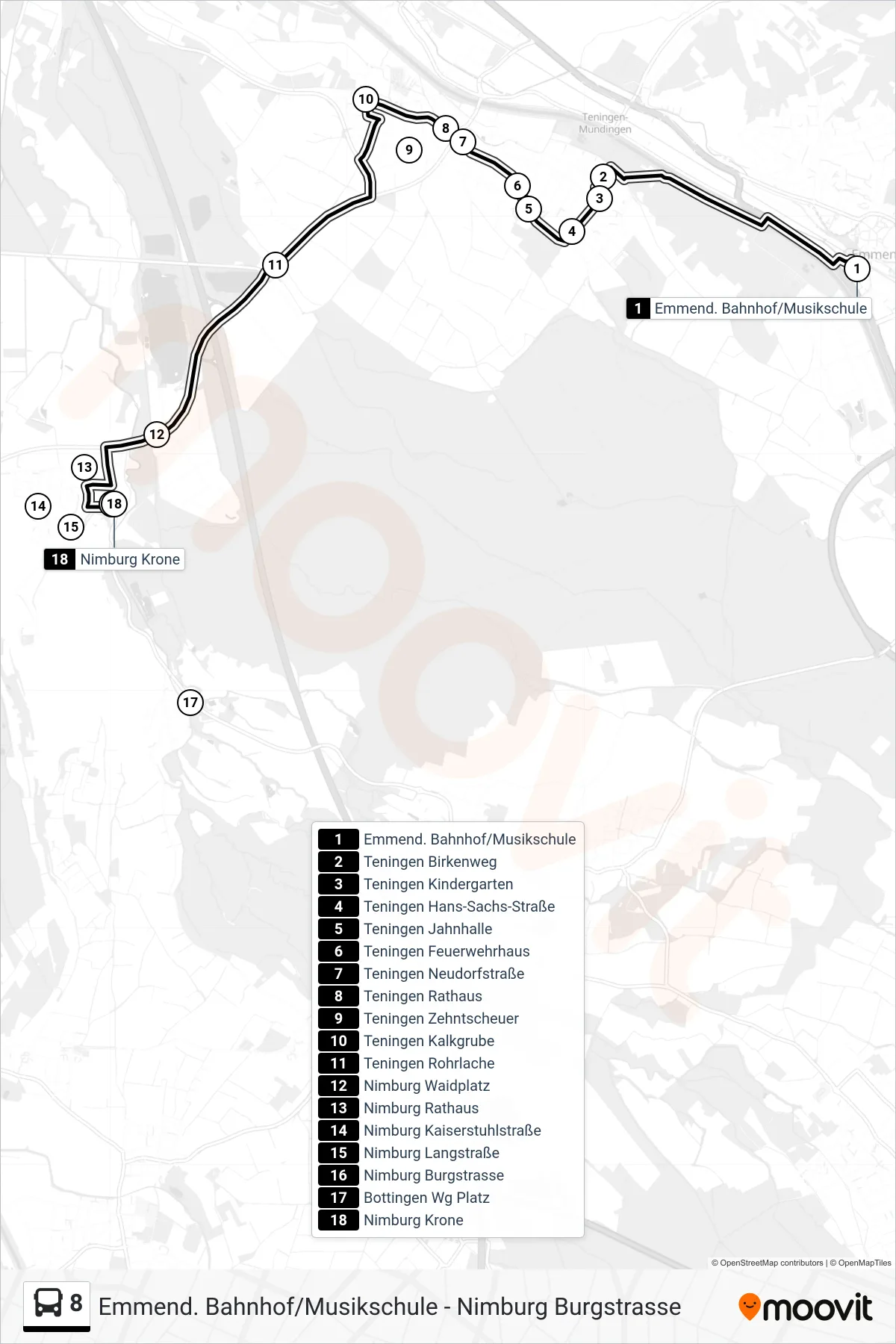 8 tram Line (Nimburg Krone) route and stops on a map