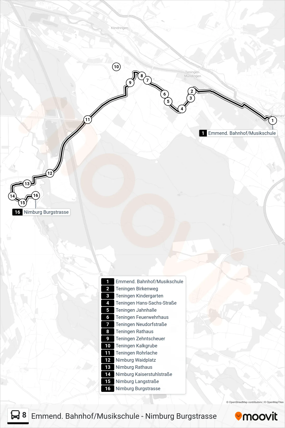 8 tram Line (Nimburg Burgstrasse) route and stops on a map