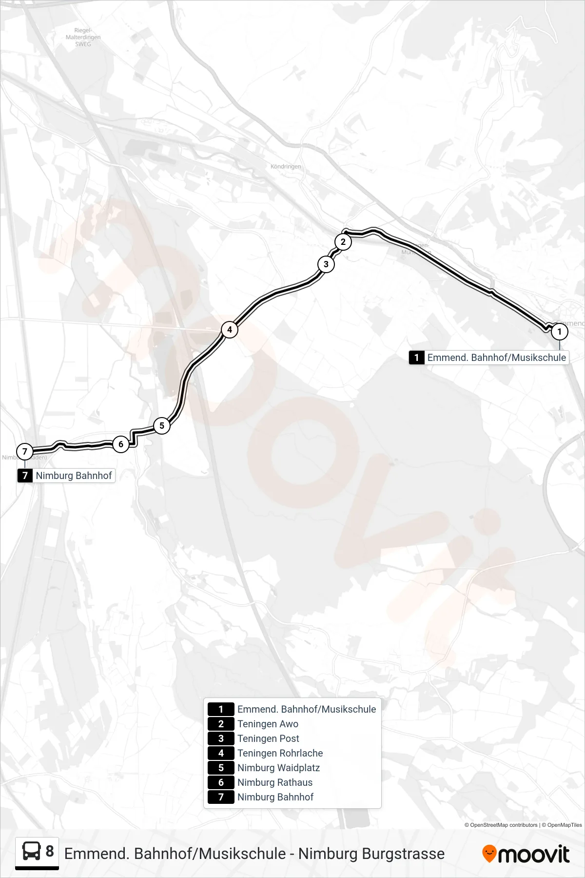 8 tram Line (Nimburg Bahnhof) route and stops on a map