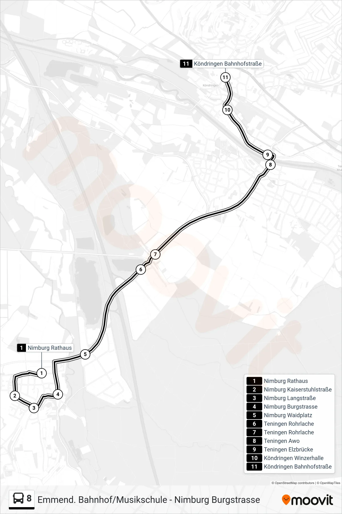 Linie 8 (Tram) Richtung Köndringen Bahnhofstraße: Route und Haltestellen auf der Karte