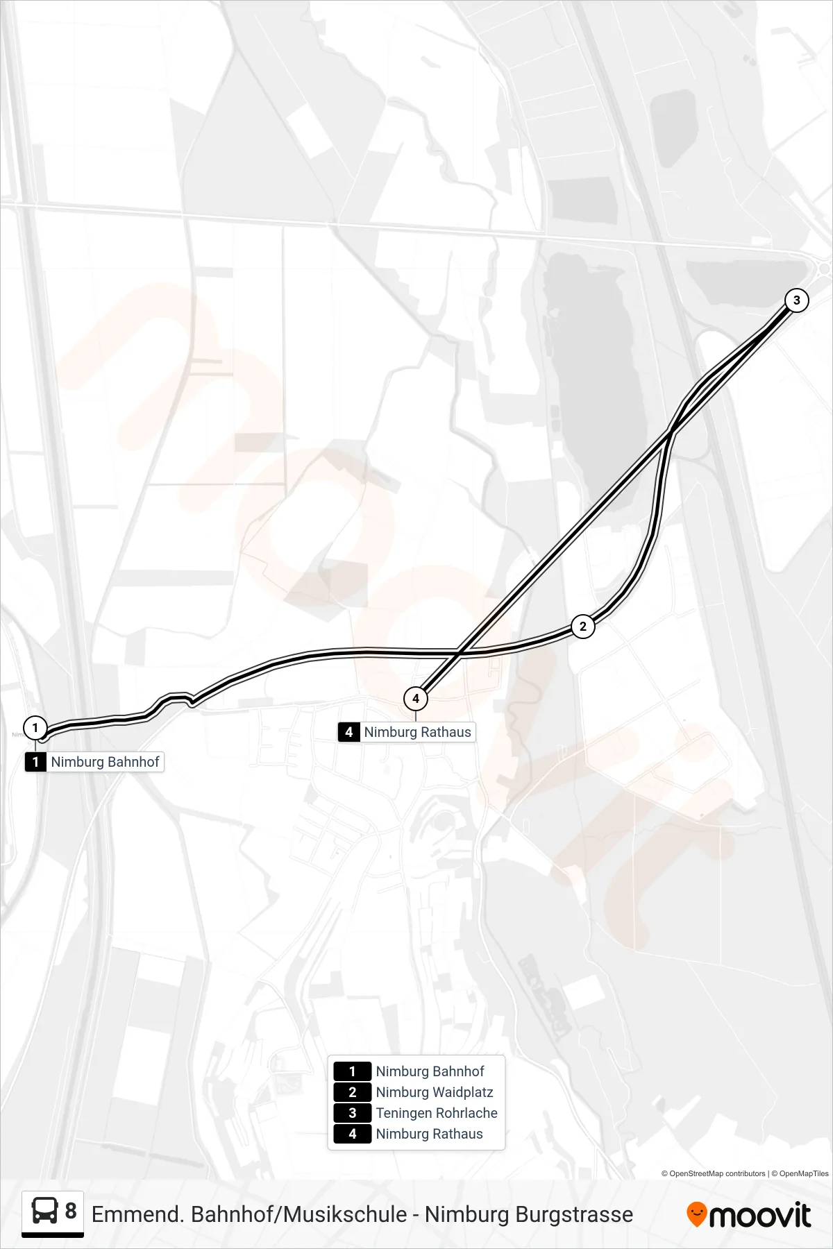8 tram Line (Nimburg Rathaus) route and stops on a map