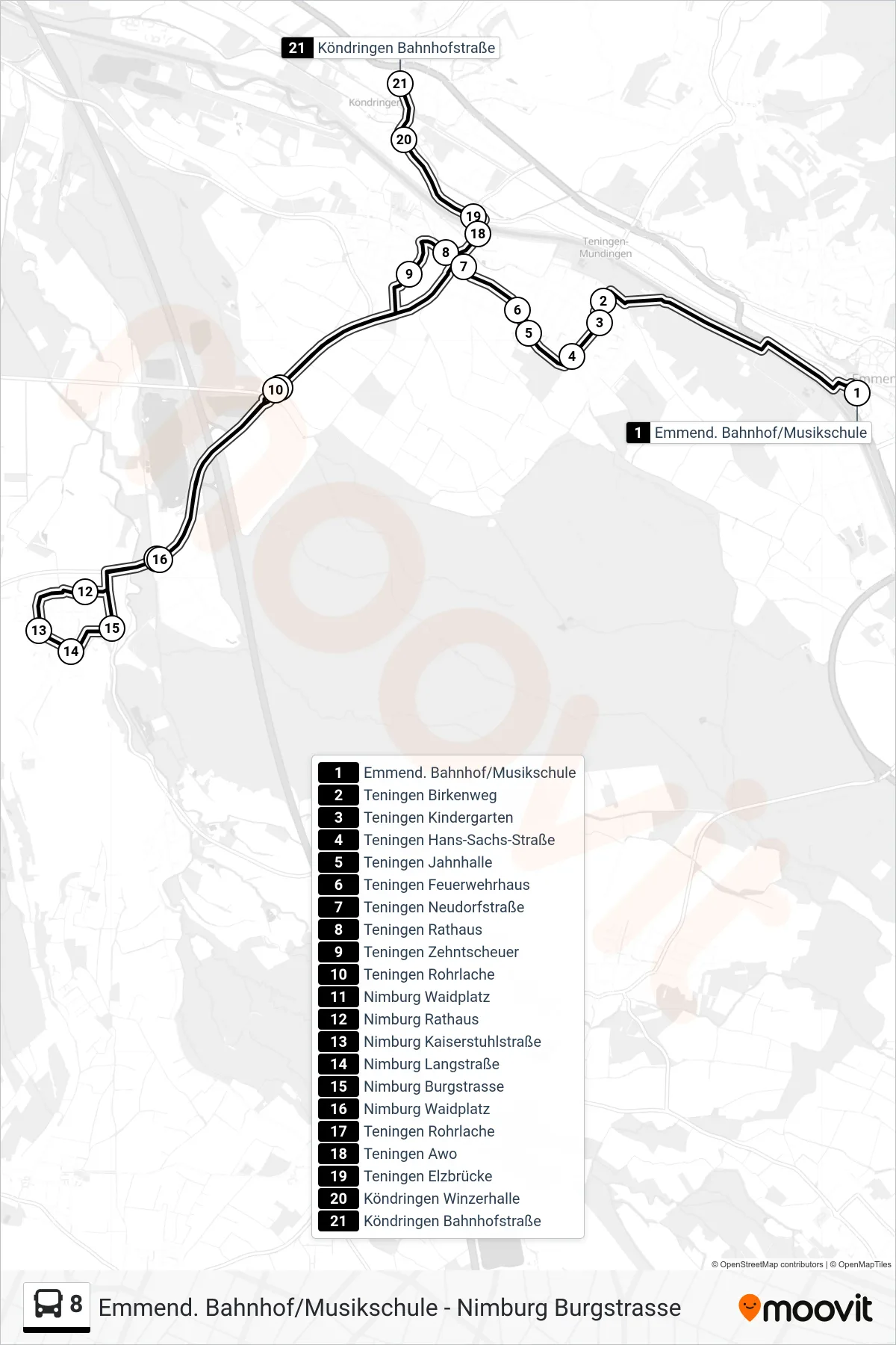 8 tram Line (Köndringen Bahnhofstraße) route and stops on a map