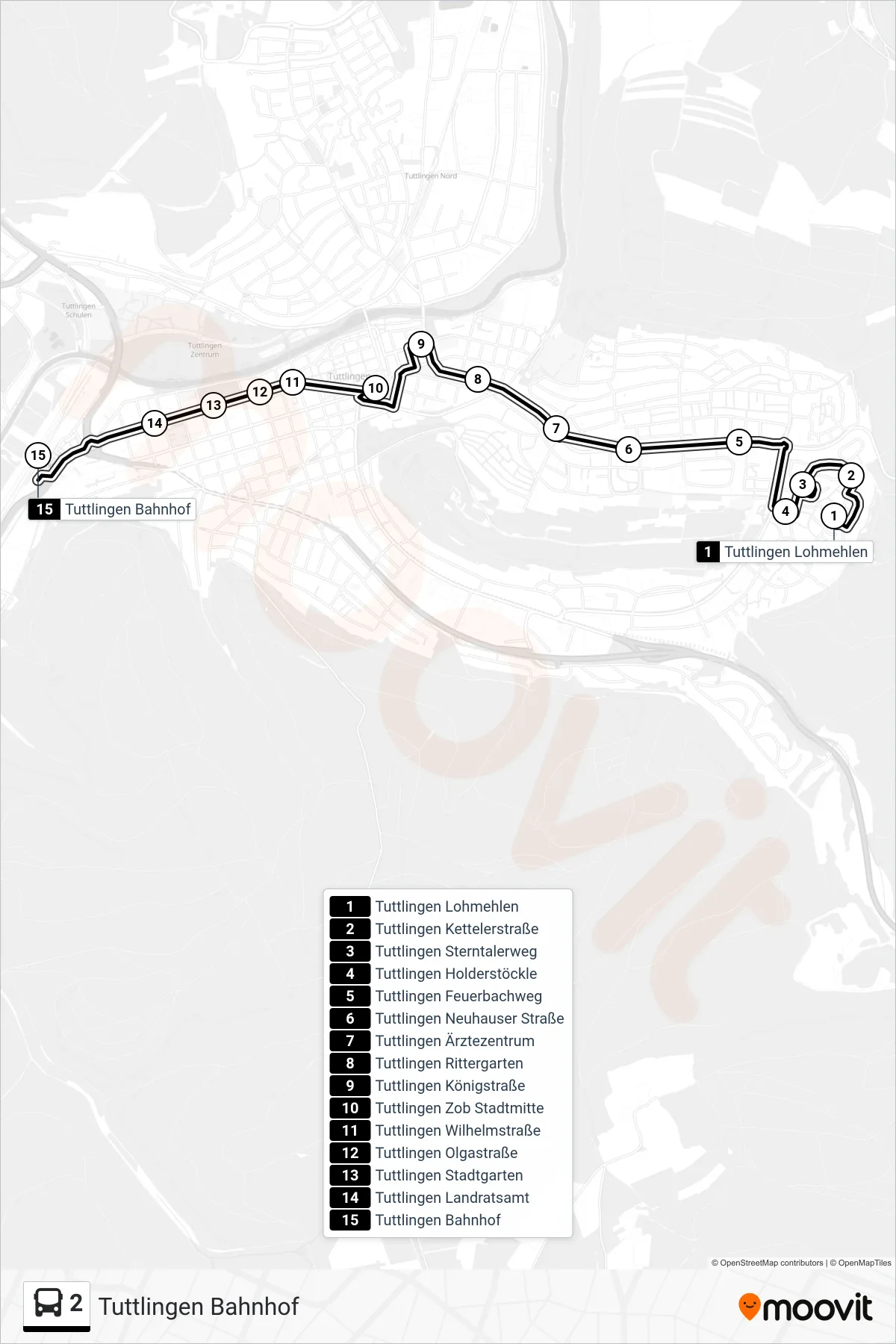 2 bus Line (Tuttlingen Bahnhof) route and stops on a map