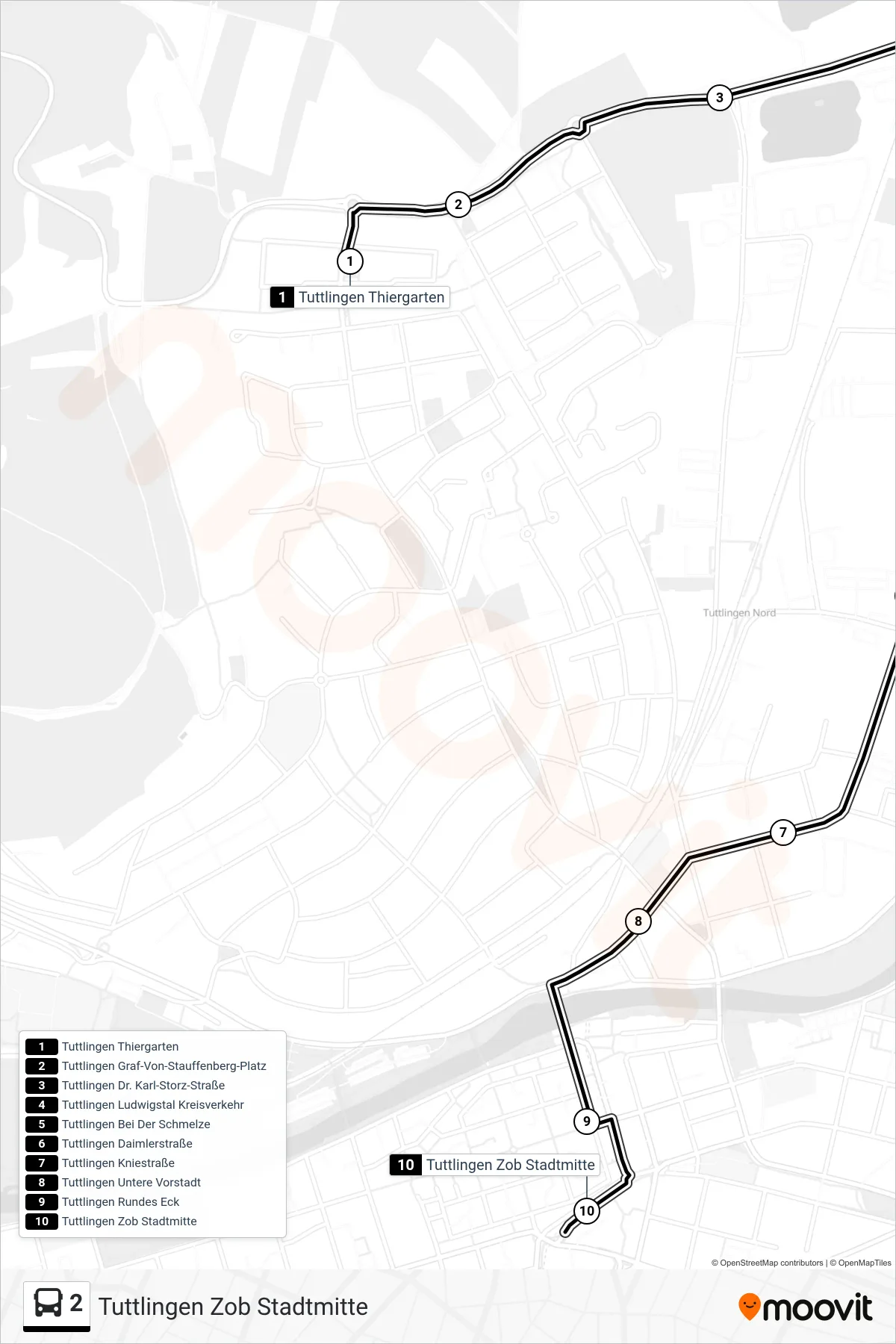 2 bus Line (Tuttlingen Zob Stadtmitte) route and stops on a map
