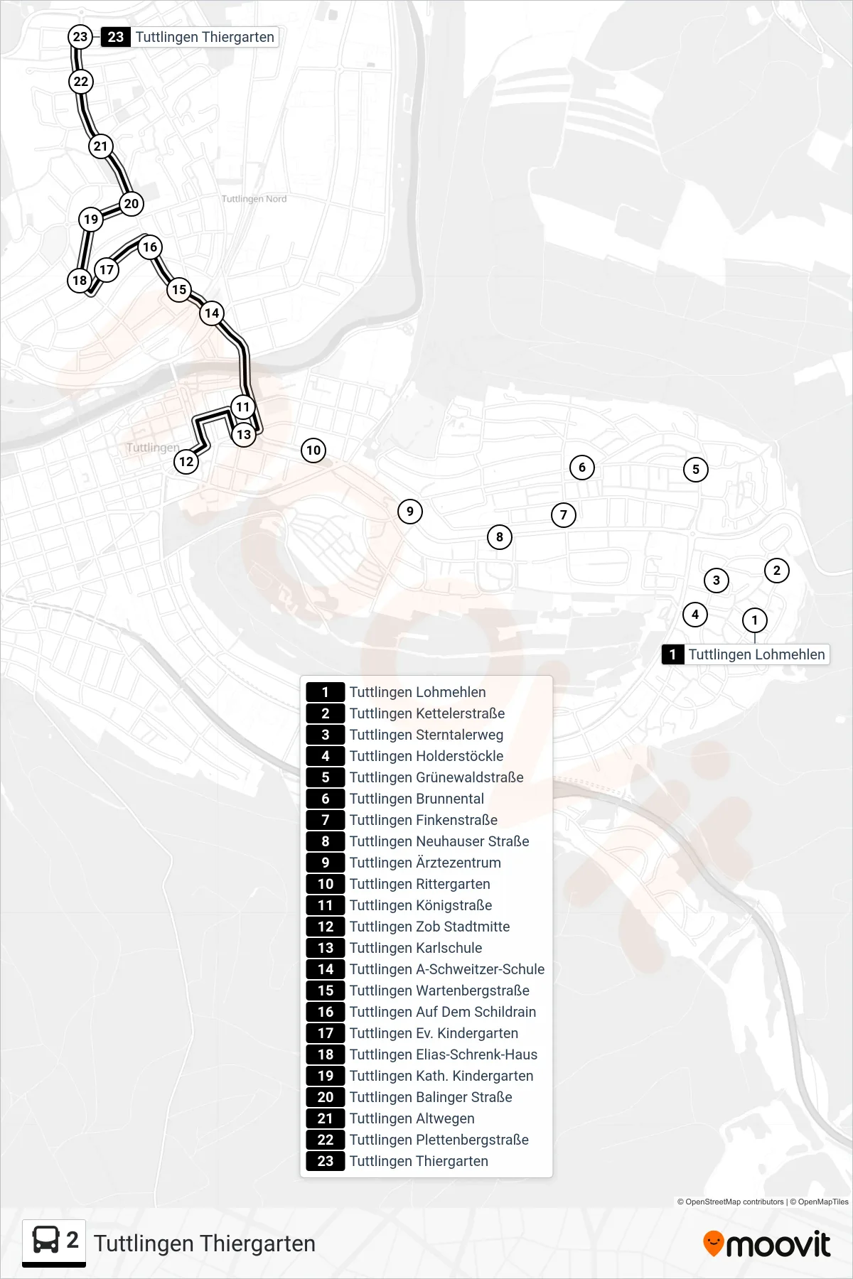 2 bus Line (Tuttlingen Thiergarten) route and stops on a map