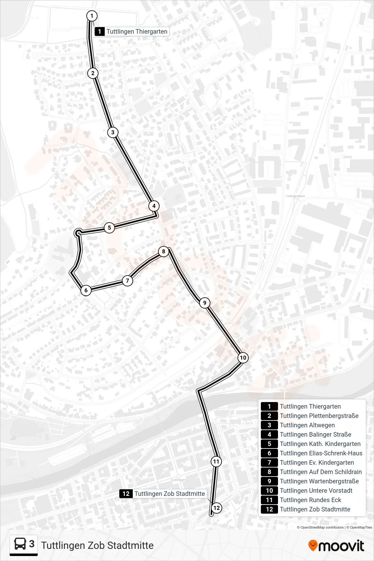 3 bus Line (Tuttlingen Zob Stadtmitte) route and stops on a map