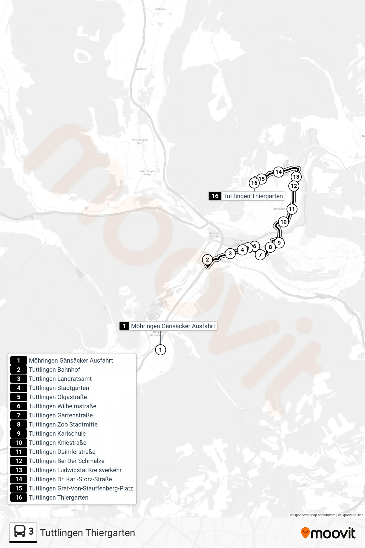 Linie 3 (Bus) Richtung Tuttlingen Thiergarten: Route und Haltestellen auf der Karte