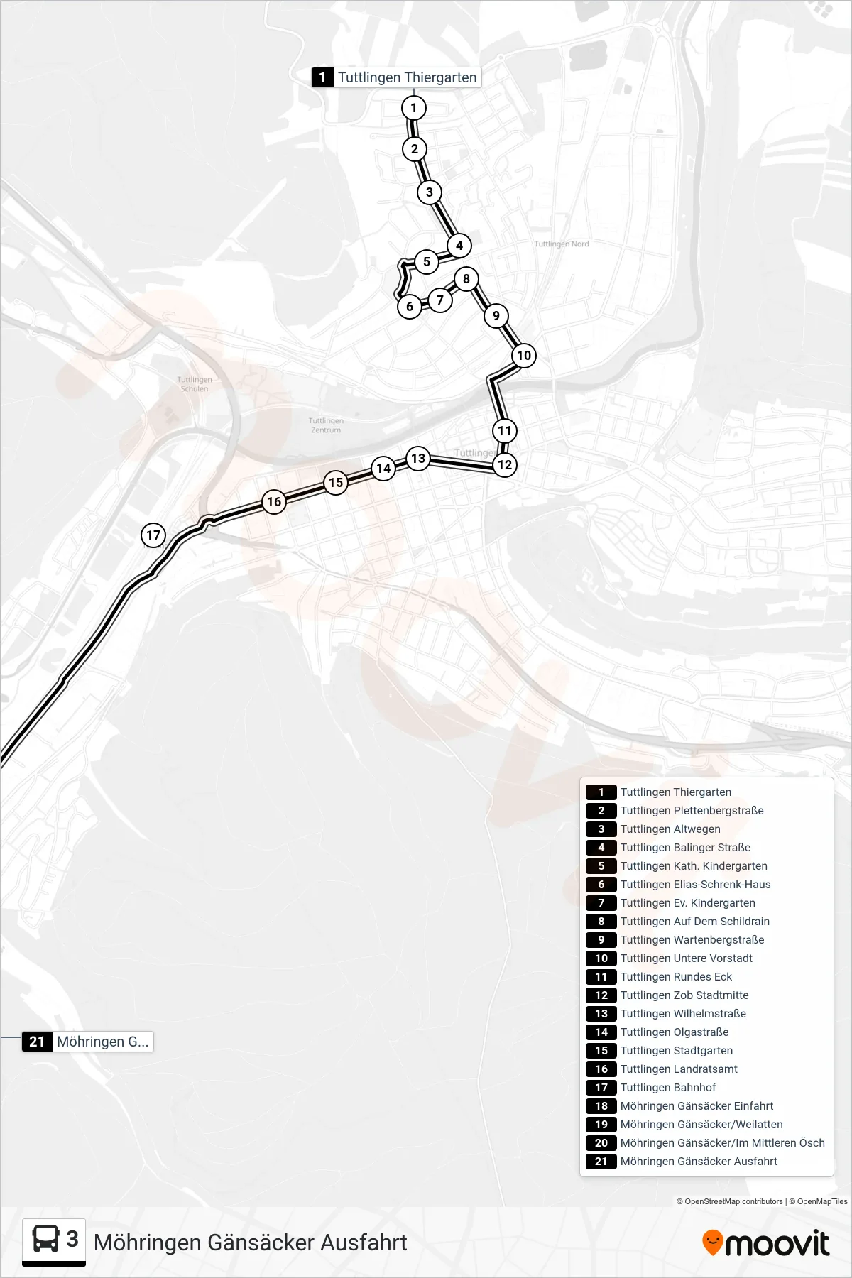 3 bus Line (Möhringen Gänsäcker Ausfahrt) route and stops on a map