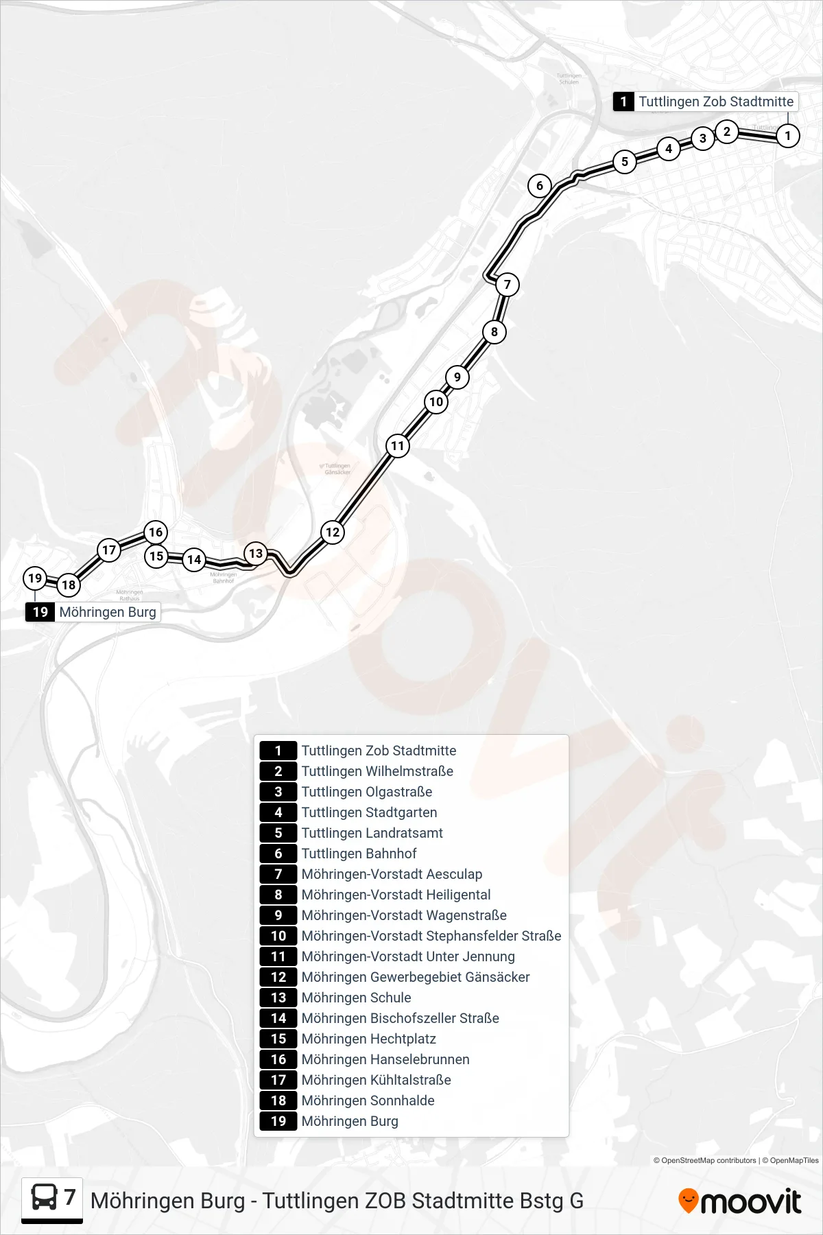 7 bus Line (Möhringen Burg) route and stops on a map