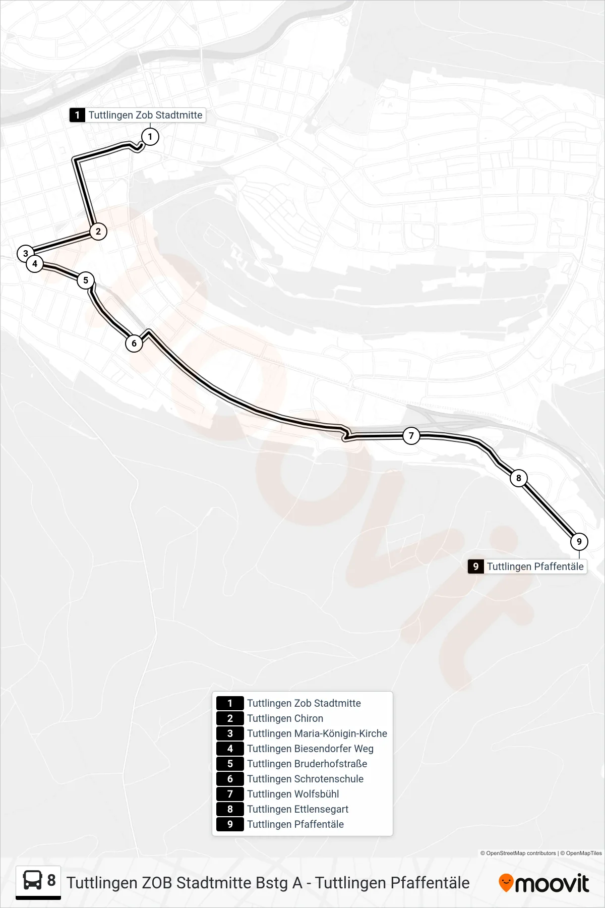 8 bus Line (Tuttlingen Pfaffentäle) route and stops on a map