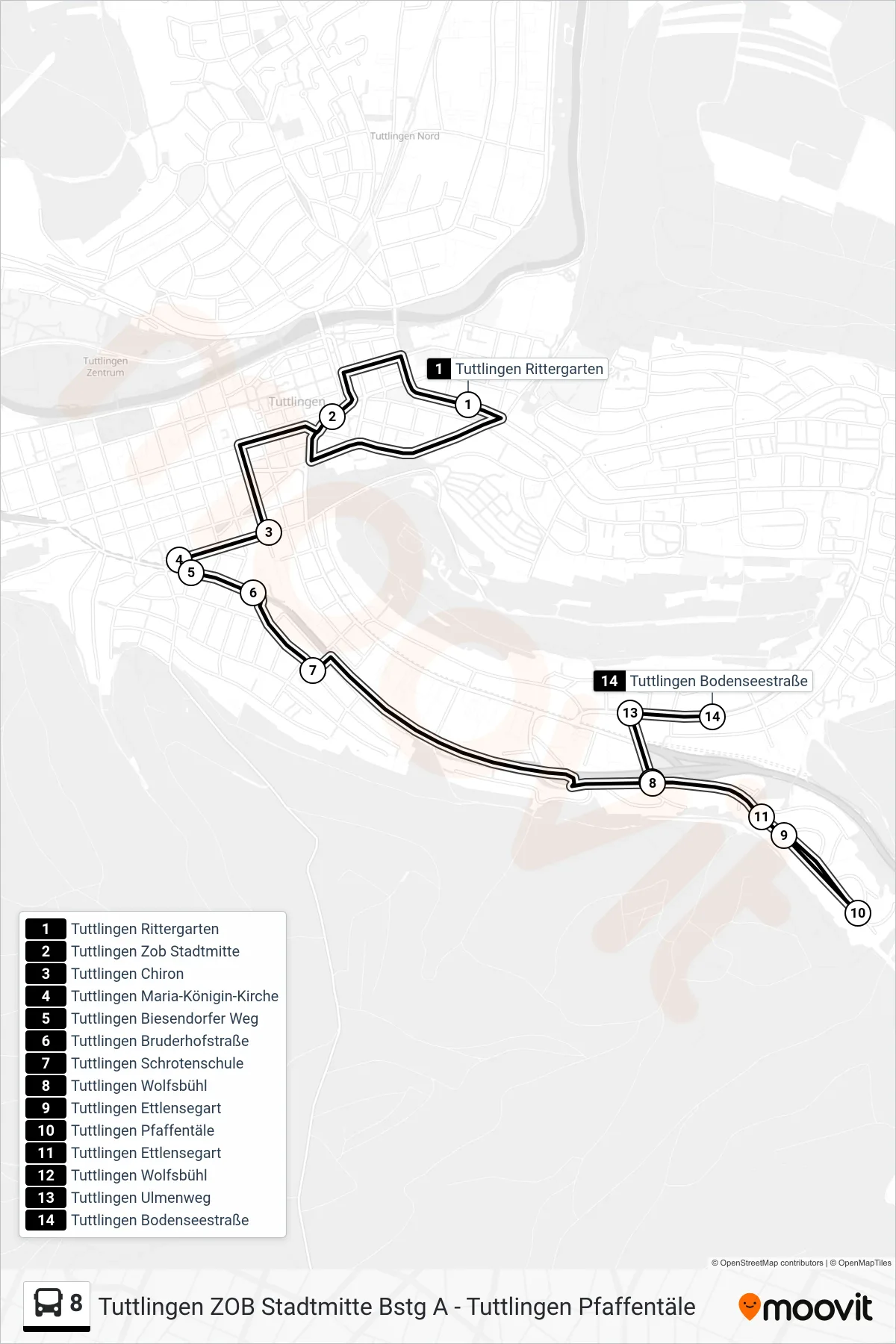 8 bus Line (Tuttlingen Bodenseestraße) route and stops on a map