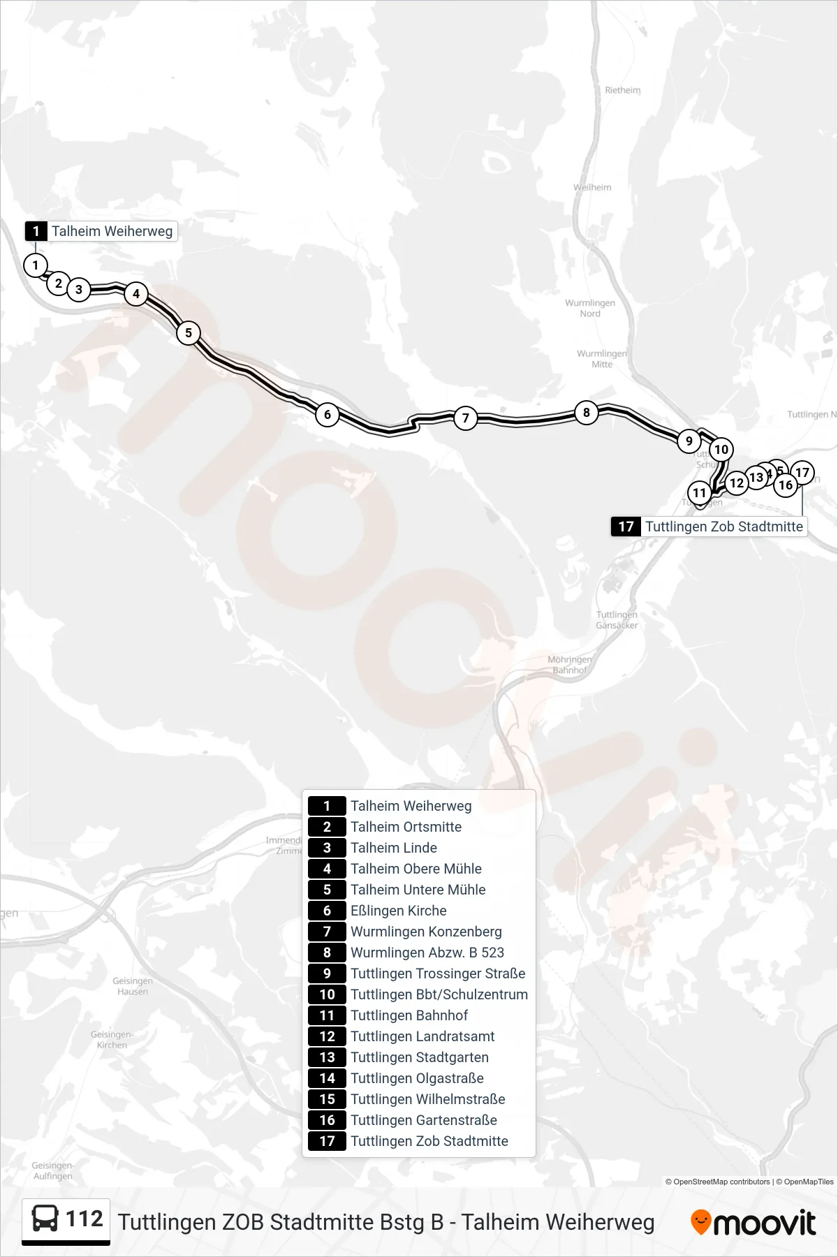 Linie 112 (Bus) Richtung Tuttlingen Zob Stadtmitte: Route und Haltestellen auf der Karte